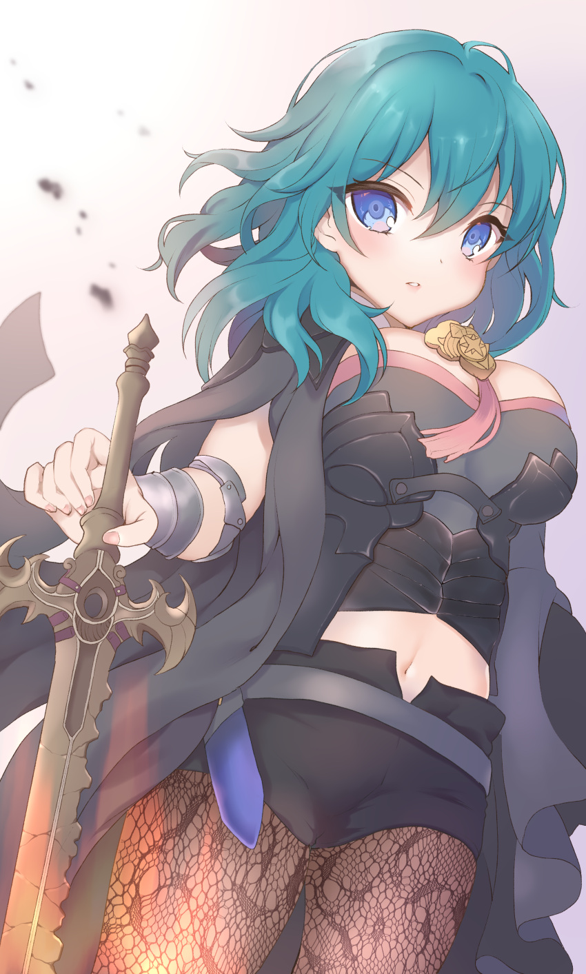 1girl absurdres armor bangs black_armor black_shorts blue_eyes blue_hair blush breasts brown_legwear byleth_(fire_emblem) byleth_(fire_emblem)_(female) cape cleavage commentary commission cowboy_shot crop_top cropped_shirt dagger emblem eyebrows_visible_through_hair fire_emblem fire_emblem:_three_houses grey_skirt hair_between_eyes highres holding holding_sword holding_weapon knife kokorominton large_breasts long_hair looking_at_viewer midriff navel pantyhose parted_lips patterned_clothing planted planted_sword sheath sheathed short_shorts shorts sidelocks skeb_commission skirt solo standing sword sword_of_the_creator vambraces weapon white_background