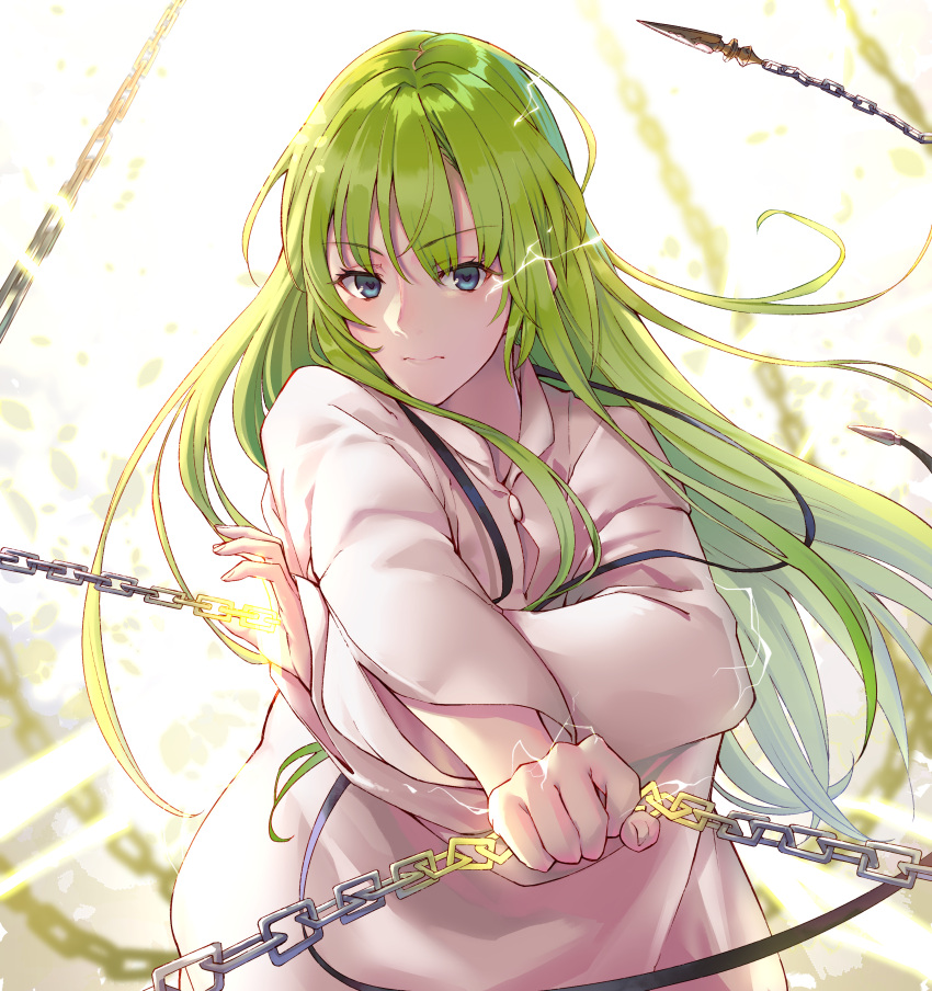 1boy absurdres androgynous bangs black_cola blue_eyes chain cloak closed_mouth commentary enkidu_(fate) enkidu_(weapon)_(fate) fate/grand_order fate/strange_fake fate_(series) gold_chain green_hair highres long_hair looking_at_viewer solo upper_body very_long_hair white_cloak yellow_eyes