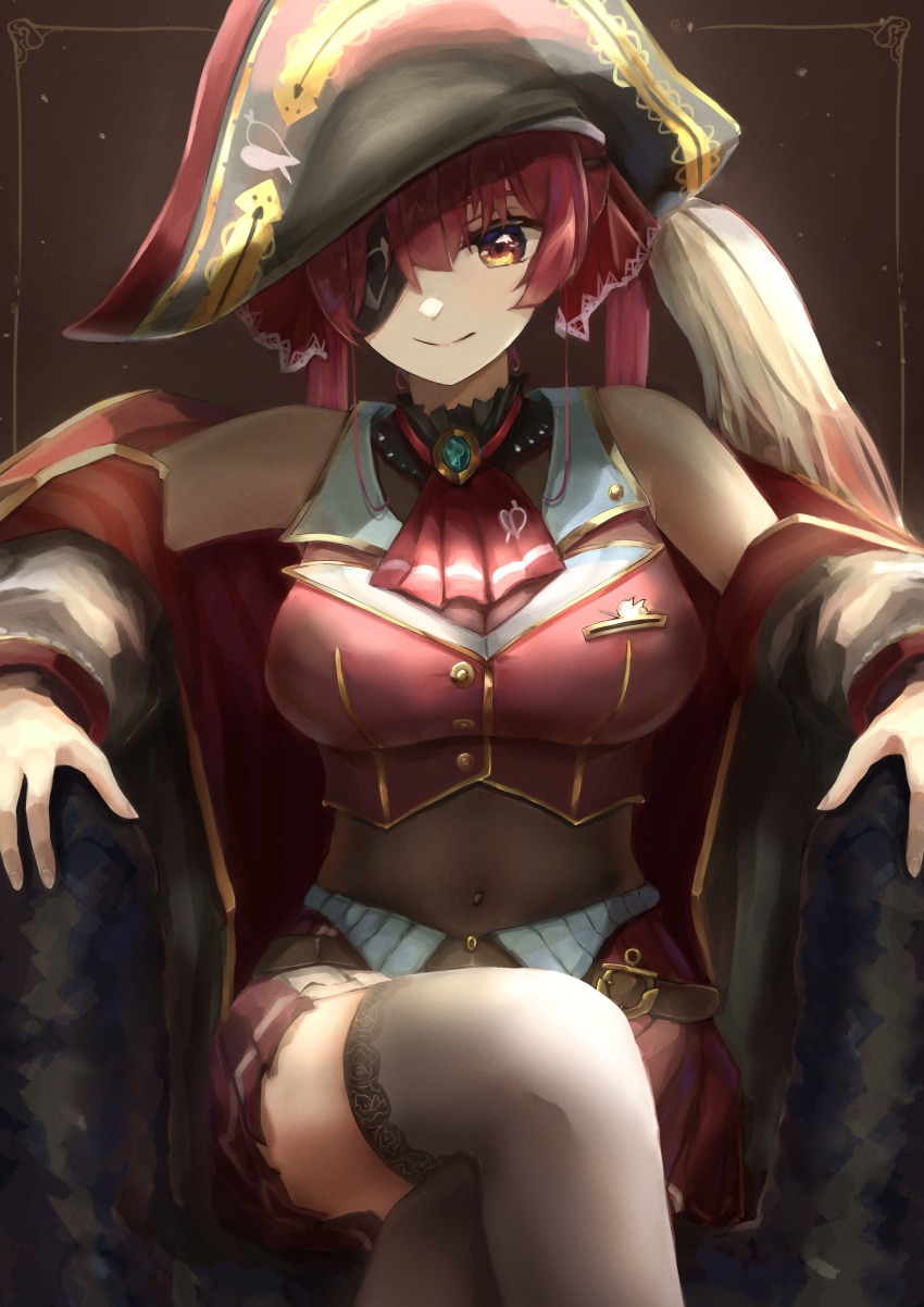 1girl absurdres ascot bare_shoulders belt bicorne black_coat black_eyepatch black_legwear breasts brooch brown_belt closed_mouth coat coat_partially_removed covered_navel cropped_jacket crossed_legs eyepatch fingernails frilled_shirt_collar frills gold_trim hair_ribbon hat highres hololive houshou_marine jacket jewelry lace-trimmed_legwear lace_trim large_breasts leather_belt leotard leotard_under_clothes long_hair looking_at_viewer midriff miniskirt off_shoulder pirate pirate_hat pleated_skirt red_ascot red_eyes red_hair red_jacket red_ribbon red_skirt ribbon sheer_leotard sitting skirt sleeveless sleeveless_jacket smile solo thighhighs tonntorotororo twintails virtual_youtuber