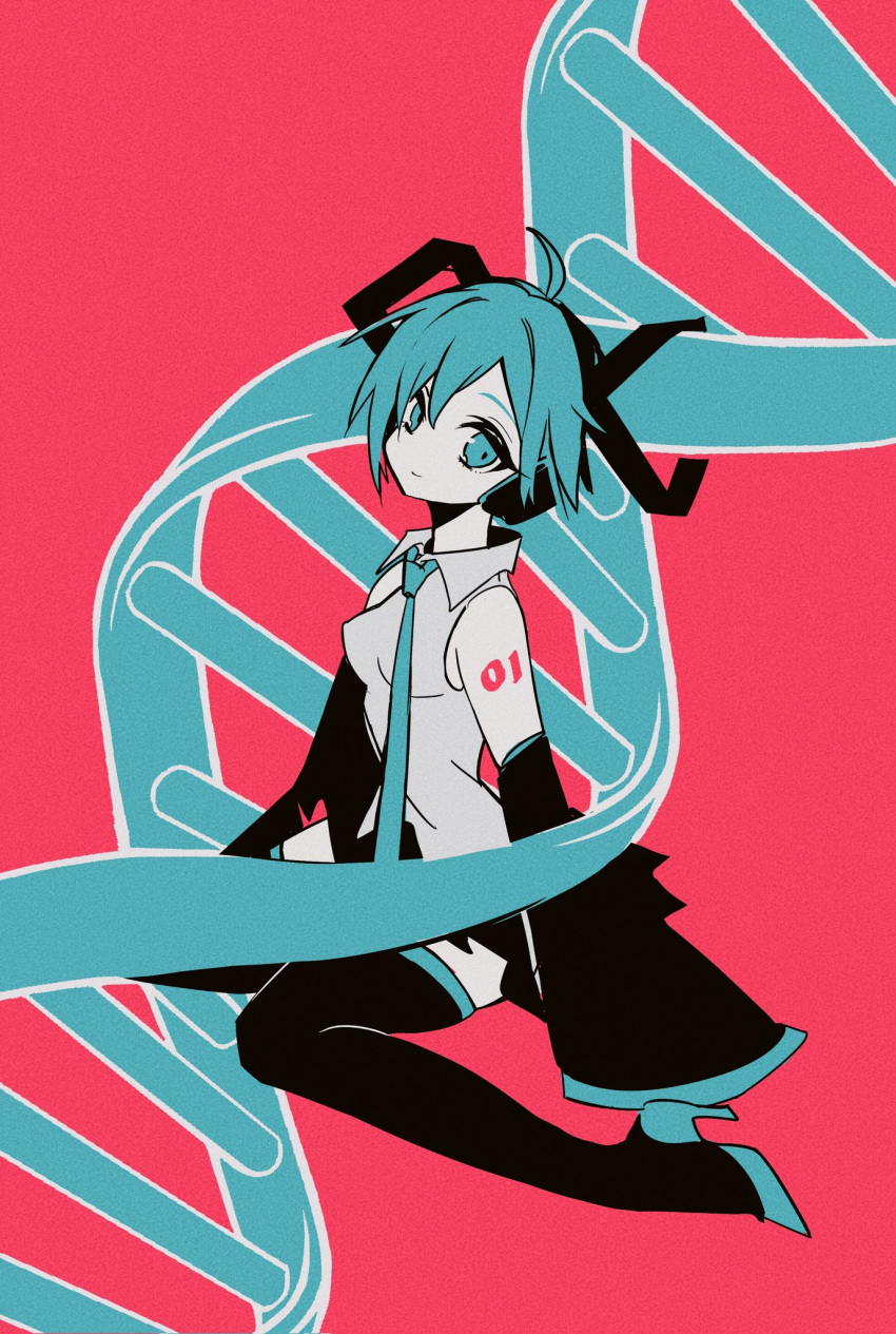 1girl arms_at_sides bare_shoulders black_footwear black_skirt blue_eyes blue_hair blue_necktie blue_theme boots breasts closed_mouth collared_shirt commentary detached_sleeves dna double_helix full_body grey_shirt happy hatsune_miku head_tilt headset high_heel_boots high_heels highres limited_palette narrow_waist necktie no_nose number_tattoo pale_skin pink_background pleated_skirt rinhuei shirt shoulder_tattoo simple_background skindentation skirt sleeveless sleeveless_shirt sleeves_past_fingers sleeves_past_wrists small_breasts smile solo surreal tattoo thigh_boots thighhighs tsurime vocaloid zettai_ryouiki