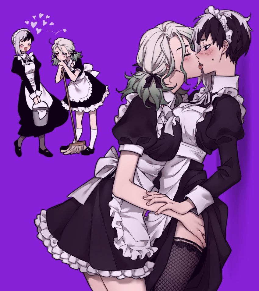 2girls alternate_costume asagiri_gen black_footwear blush broom bucket closed_eyes dcon_34 dr._stone enmaided from_side genderswap genderswap_(mtf) hand_on_another's_thigh heart highres imminent_kiss ishigami_senkuu maid multiple_girls purple_background short_twintails sweatdrop tongue tongue_out twintails yuri