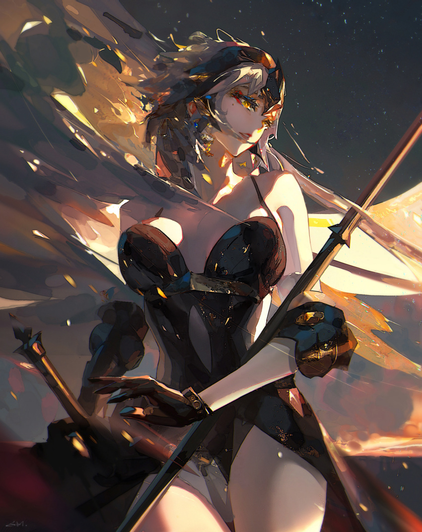 aenrs bangs black_dress black_gloves breasts cleavage commentary cowboy_shot cutout_above_navel dress fate/grand_order fate_(series) flag gauntlets gloves grey_hair halter_dress halterneck headpiece highres jeanne_d'arc_(alter)_(fate) jeanne_d'arc_(fate) large_breasts looking_away medium_hair parted_lips sheath sheathed shoulder_pads silver_hair single_gauntlet sleeveless standing symbol-only_commentary teeth tsurime yellow_eyes