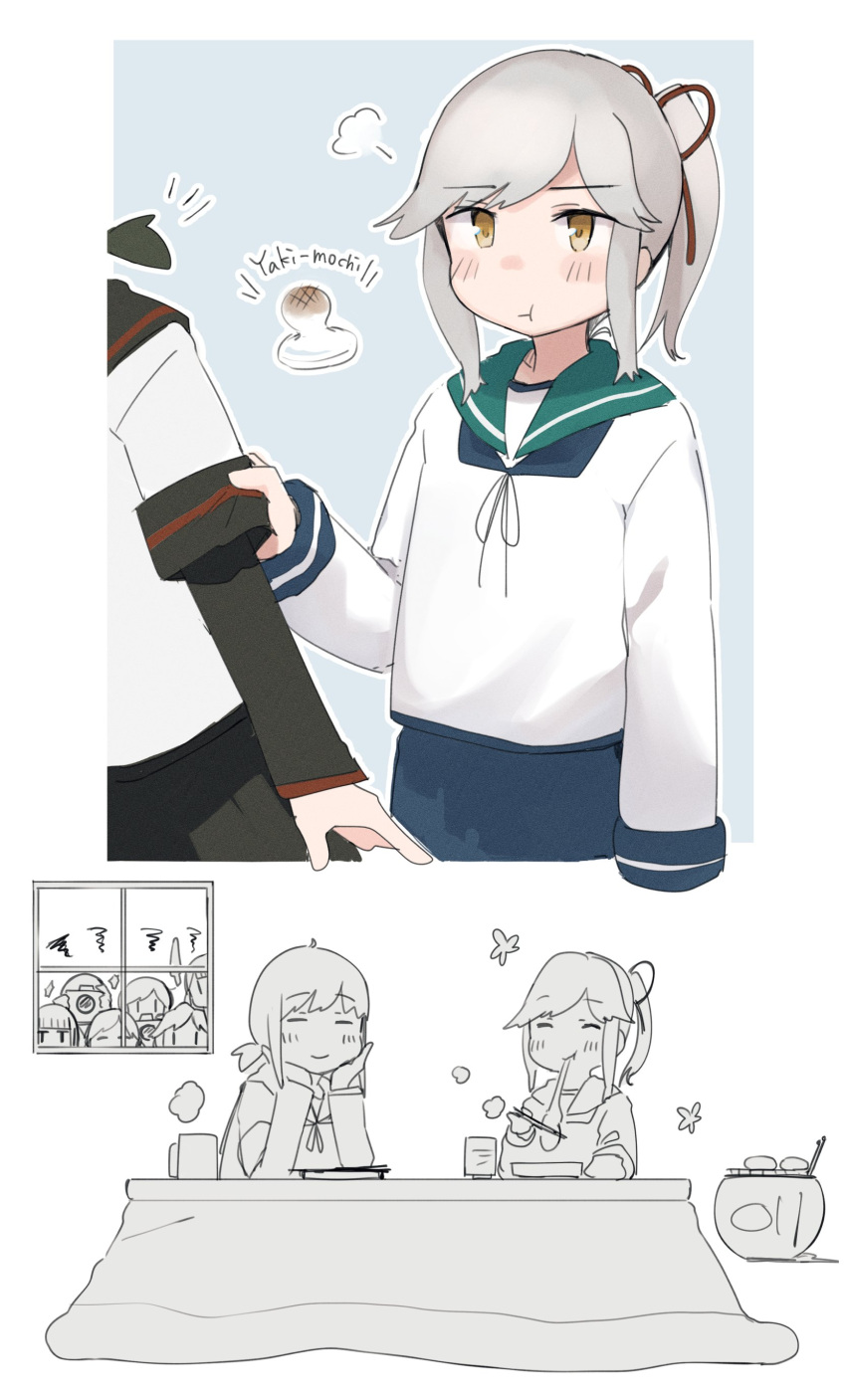 6+girls absurdres black_sailor_collar black_skirt blue_skirt blush camera chopsticks closed_eyes closed_mouth cup eating eyebrows_visible_through_hair flower_(symbol) fubuki_(kancolle) green_sailor_collar grey_hair hair_ribbon hatsuyuki_(kancolle) highres holding holding_chopsticks isonami_(kancolle) kantai_collection kotatsu long_sleeves ma_rukan miyuki_(kancolle) mochi multiple_girls murakumo_(kancolle) ponytail pout red_ribbon ribbon sailor_collar school_uniform serafuku shirayuki_(kancolle) short_hair short_ponytail signature skirt smile table uranami_(kancolle) usugumo_(kancolle) window yellow_eyes