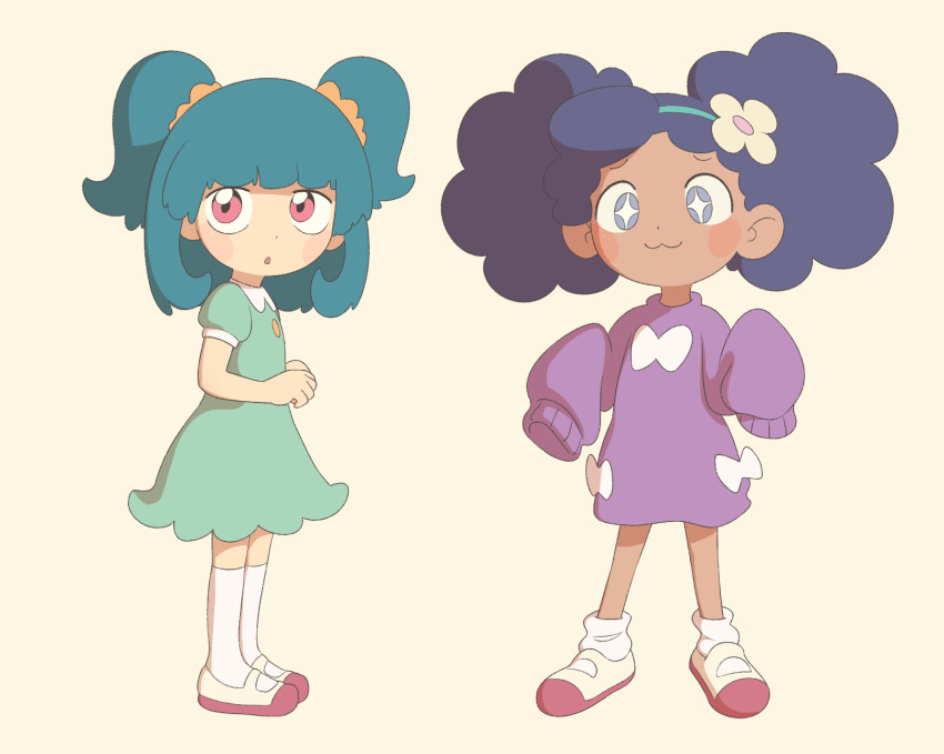 +_+ 2girls :3 big_hair blush_stickers closed_mouth collaboration commentary dark-skinned_female dark_skin dress flower full_body green_dress green_hair green_hairband grey_eyes hairband highres long_hair looking_to_the_side loose_socks momo_(pokemon) multiple_girls pestil_(uxnf5447) pink_eyes pokemon pokemon_(anime) poketoon shino_(baraag) shoes shoko_(pokemon) short_sleeves smile socks standing two_side_up white_legwear