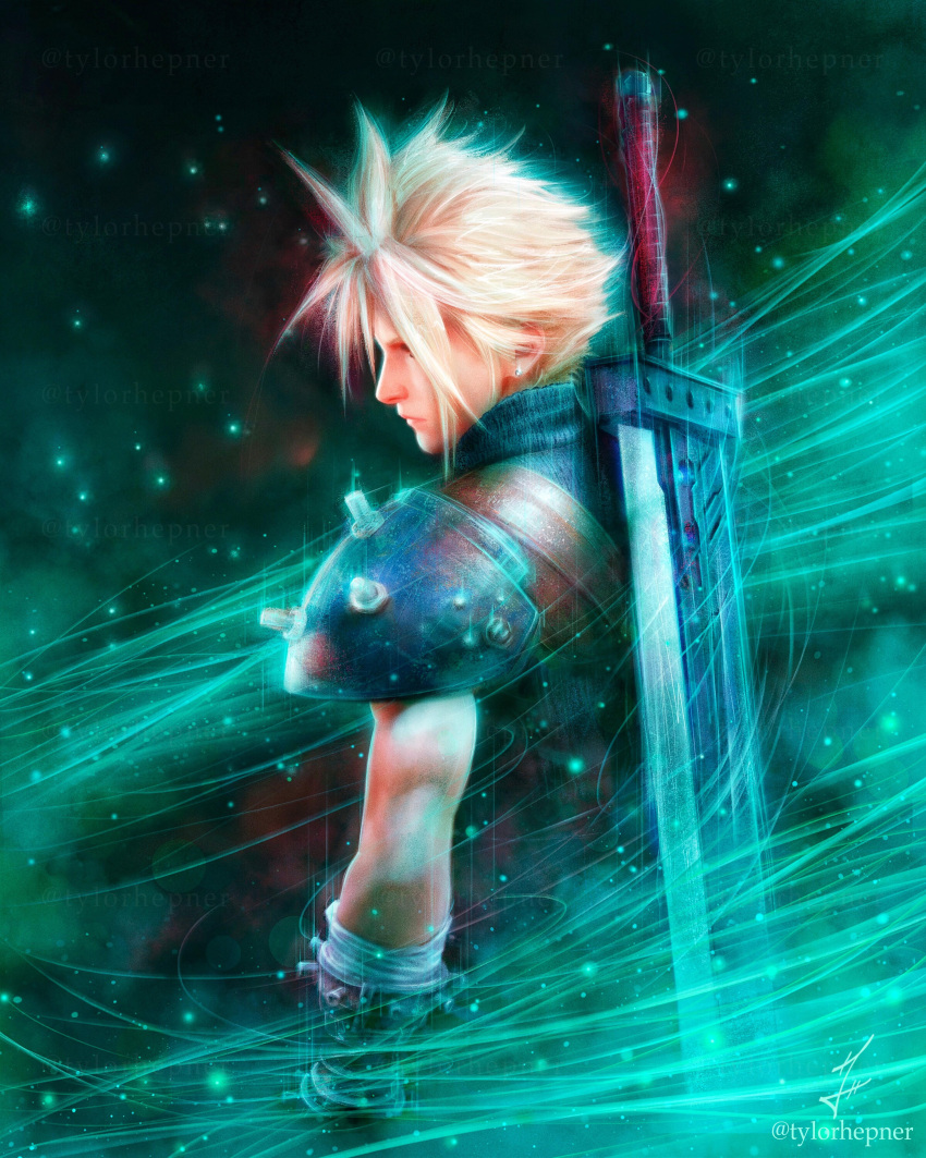 1boy absurdres armor artist_name black_shirt blonde_hair buster_sword closed_mouth cloud_strife commentary earrings english_commentary final_fantasy final_fantasy_vii from_behind from_side gloves highres huge_weapon instagram_username jewelry looking_away male_focus over_shoulder pauldrons shirt shoulder_armor signature single_pauldron solo sparkle spiked_hair sword sword_over_shoulder tylor_hepner upper_body visible_air watermark weapon weapon_over_shoulder