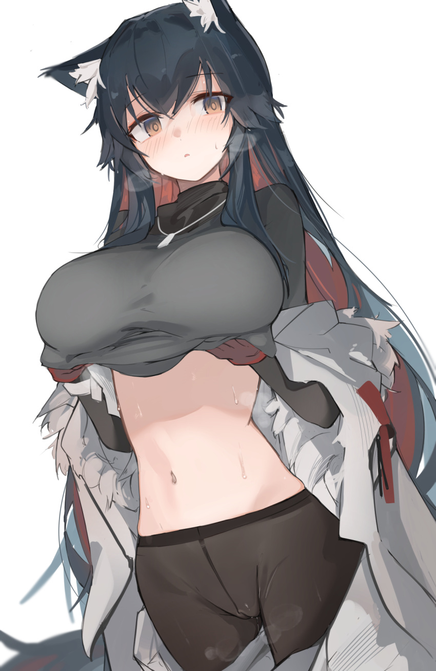 1girl animal_ear_fluff animal_ears arknights bangs blush breasts breath clothes_lift fur hands_up highres jacket jewelry large_breasts long_hair looking_at_viewer midriff mikojin navel necklace official_alternate_costume open_clothes open_jacket pantyhose parted_lips shirt_lift sidelocks solo standing sweat texas_(arknights) texas_(winter_messenger)_(arknights) white_background wolf_ears