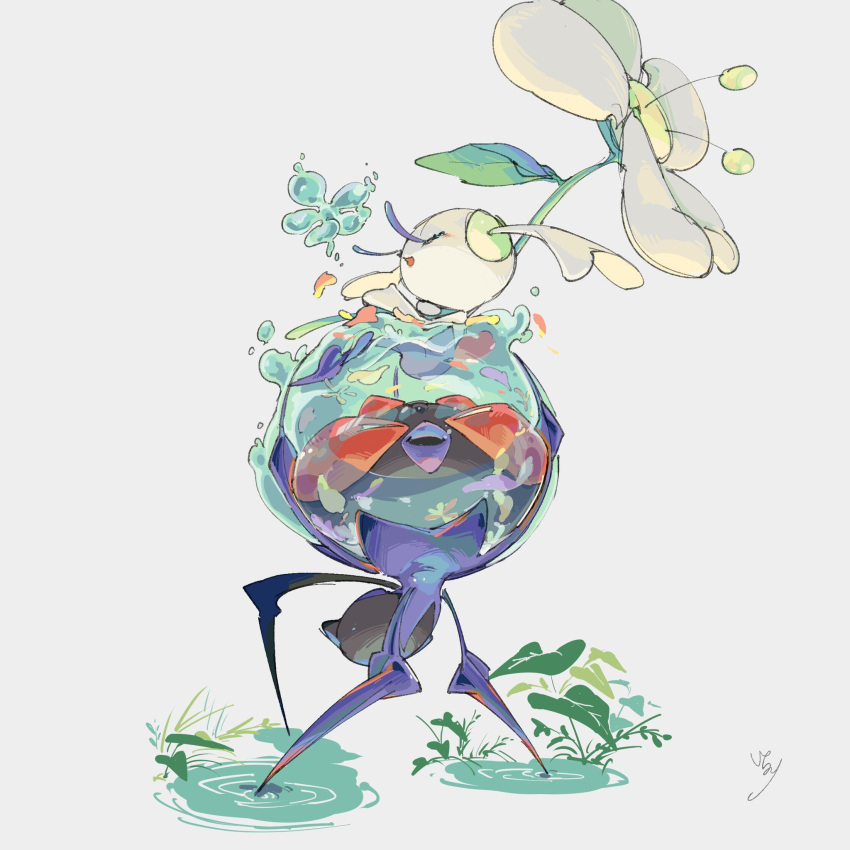 closed_eyes dewpider eyelashes flabebe flabebe_(white) flower highres ichinori_(ka_n_zo) leaf no_humans open_mouth petals pokemon pokemon_(creature) ripples water white_flower