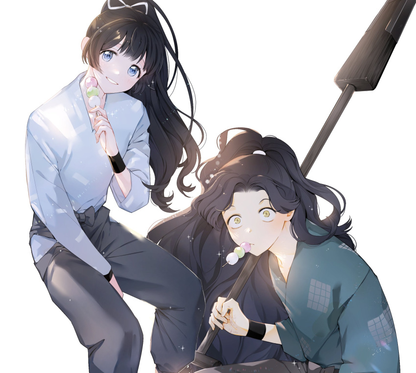 2boys ayabe_kihachirou bangs black_hair blue_eyes character_request dango feet_out_of_frame food head_tilt highres hip_vent holding invisible_chair japanese_clothes long_hair long_sleeves looking_at_viewer male_focus mouth_hold multiple_boys pants ponytail rakudai_ninja_rantarou sanshoku_dango sitting sparkle squatting swissmissmachi very_long_hair wagashi white_background wristband