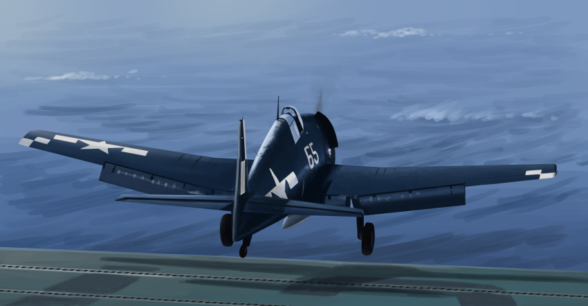 aircraft aircraft_carrier airplane f6f_hellcat flight_deck highres military military_vehicle mo_yu_de_jiaozi no_humans ocean original roundel ship star_(symbol) united_states_navy warship watercraft waves wheel world_war_ii