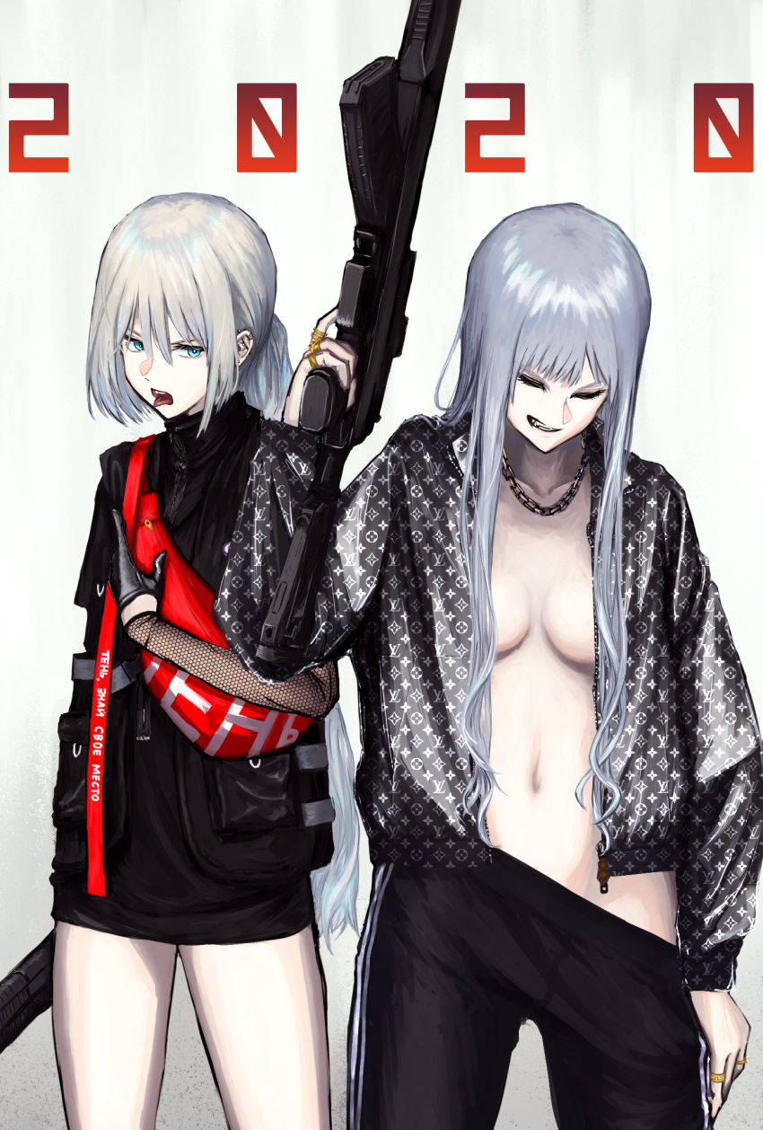 2020 2girls 746kuchiku ak-12 ak-12_(girls'_frontline) an-94 an-94_(girls'_frontline) assault_rifle black_gloves black_jacket black_pants breasts closed_eyes closed_mouth commentary dated_commentary eye_piercing feet_out_of_frame girls'_frontline gloves gun highres holding holding_gun holding_weapon jacket jewelry kalashnikov_rifle light_blue_eyes long_hair looking_at_viewer medium_breasts multiple_girls navel necklace open_clothes open_mouth open_shirt pants red_bag rifle ring rubber_gloves silver_hair small_breasts smirk standing tongue tongue_out weapon white_background