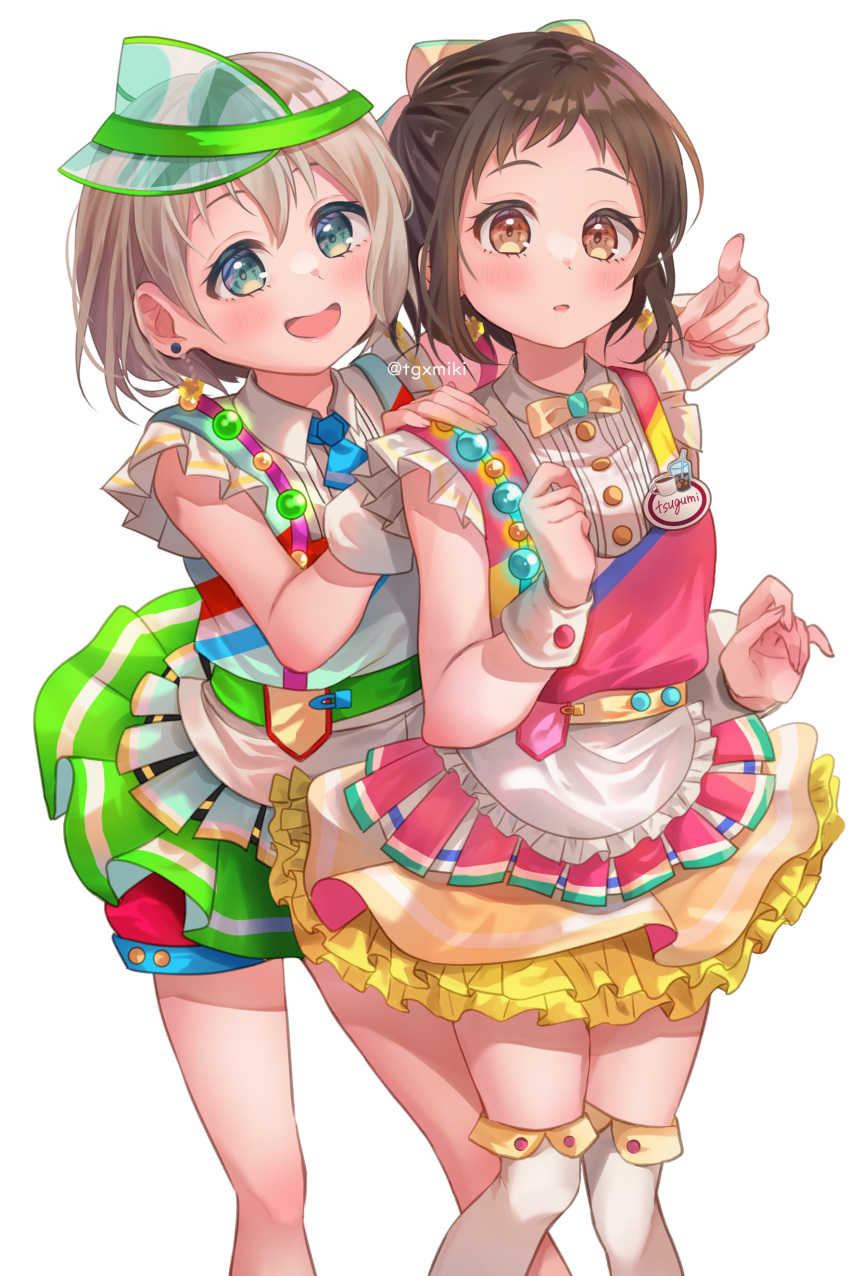 2girls :d absurdres alternate_costume alternate_hairstyle aoba_moca apron bang_dream! bangs blue_eyes blush bow bowtie brown_eyes brown_hair collared_shirt cosplay earrings feet_out_of_frame frilled_apron frilled_skirt frills grey_hair hair_bow half_updo hand_on_another's_shoulder hazawa_tsugumi highres jewelry looking_at_viewer miniskirt multiple_girls name_tag necktie official_alternate_costume open_mouth over-kneehighs petticoat pointing shirt short_hair sidelocks simple_background skirt sleeveless smile standing tareme tgxmiki thighhighs thighs twitter_username visor_cap waitress white_background white_legwear wing_collar wrist_cuffs