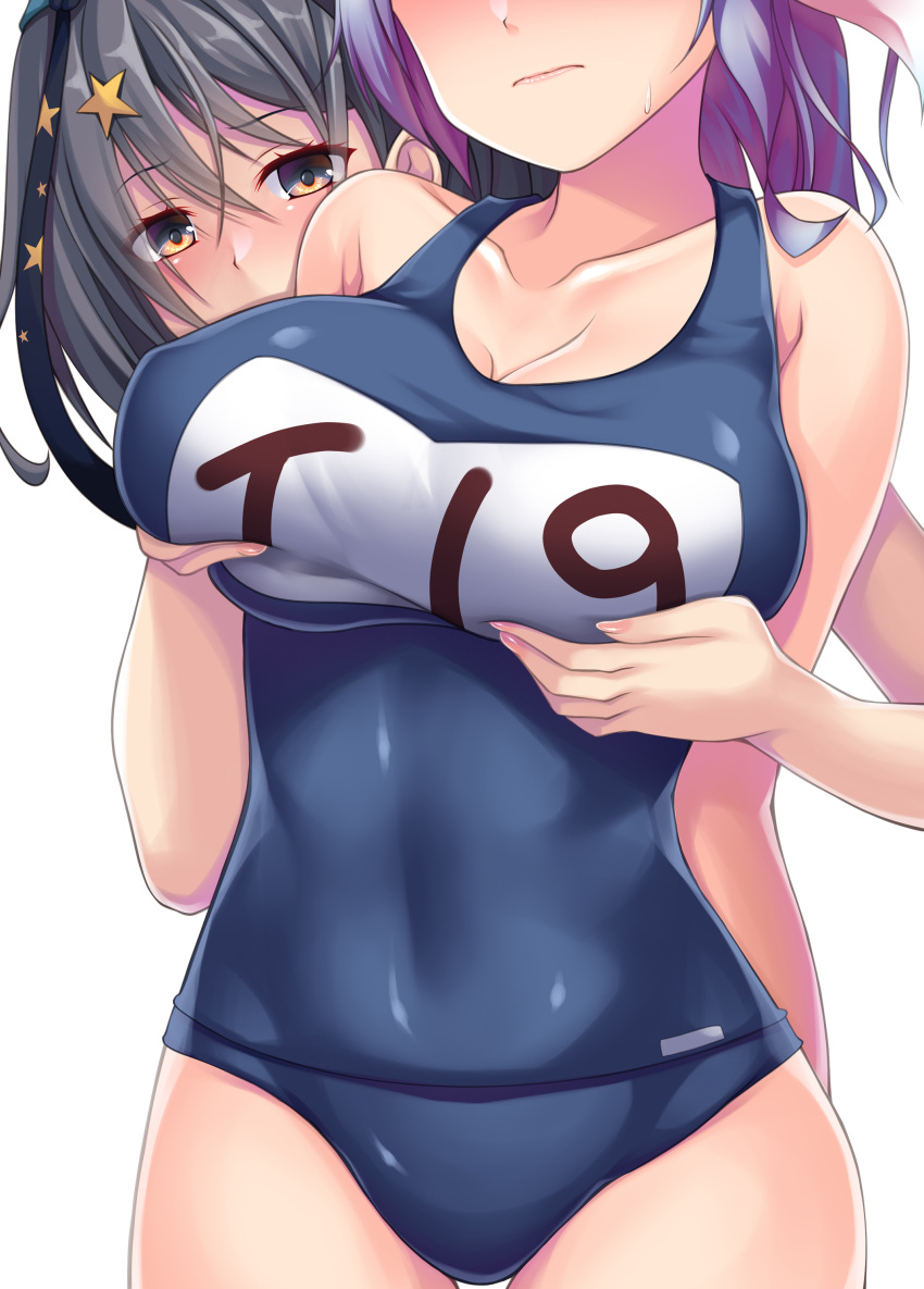 2girls absurdres bare_arms bare_legs bare_shoulders black_swimsuit blue_hair breast_grab breasts brown_eyes closed_mouth collarbone cowboy_shot eyebrows_visible_through_hair fingernails grabbing grey_hair hair_between_eyes hair_ornament highres i-19_(kancolle) kantai_collection large_breasts long_hair multiple_girls name_tag one-piece_swimsuit ruin_re_birth scamp_(kancolle) school_uniform star_(symbol) star_hair_ornament swimsuit tri_tails