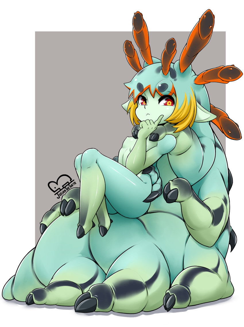 1girl :&lt; absurdres artist_name black_background blonde_hair borrowed_character caterpillar_girl closed_mouth full_body green_hair highres index_finger_raised juliantheturtle monster_girl nude original outside_border red_eyes silhouette sitting solo