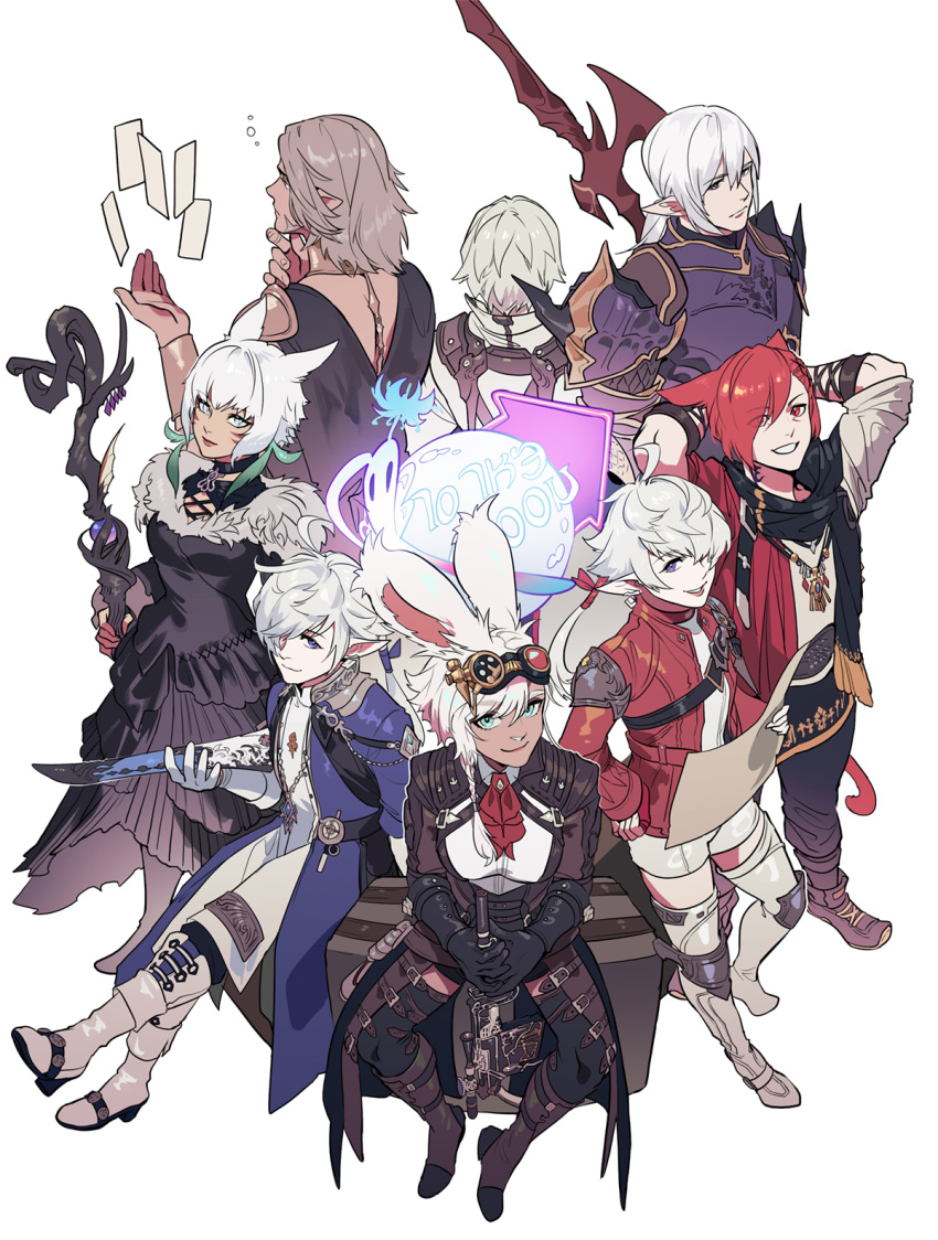 3girls 5boys ahoge alisaie_leveilleur alphinaud_leveilleur animal_ears armor avatar_(ffxiv) blue_eyes boots breastplate breasts byuub cat_ears cat_girl cat_tail choker commentary dress elezen elf english_commentary estinien_varlineau eyebrows_visible_through_hair eyes_visible_through_hair final_fantasy final_fantasy_xiv full_body g'raha_tia gloves goggles goggles_on_head green_eyes grey_eyes grey_hair gun hair_between_eyes hair_over_one_eye highres holding holding_staff jacket long_sleeves looking_at_viewer medium_breasts miqo'te multiple_boys multiple_girls paper parted_lips plate_armor pointy_ears polearm ponytail rabbit_ears rabbit_girl red_eyes red_hair scarf short_hair shorts shoulder_armor shoulder_spikes simple_background sitting slit_pupils smile spikes staff standing tail teeth thancred_waters thigh_boots thighhighs urianger_augurelt viera weapon white_background white_hair y'shtola_rhul