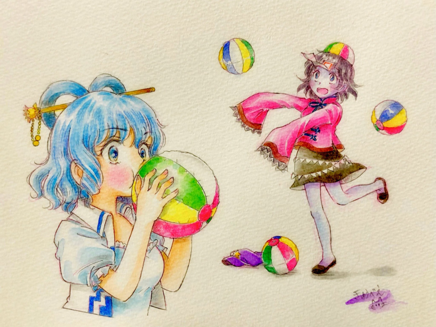2girls :d alternate_headwear ball beachball blowing blue_eyes blue_hair blush cropped_torso eyebrows_visible_through_hair full_body hair_ornament hair_rings hair_stick hat hat_removed headwear_removed highres jiangshi kaku_seiga miyako_yoshika multiple_girls ofuda outstretched_arms playing q-bee_(aaru) simple_background sleeves_past_fingers sleeves_past_wrists smile standing standing_on_one_leg touhou traditional_media upper_body white_background zombie_pose