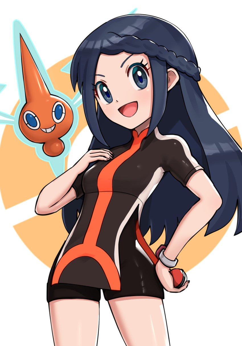 1girl bike_jersey blue_eyes blue_hair breasts cycling_uniform dawn_(pokemon) gonzarez highres open_mouth poke_ball pokemon pokemon_(creature) pokemon_(game) pokemon_bdsp rotom rotom_(normal) short_shorts shorts simple_background small_breasts white_background