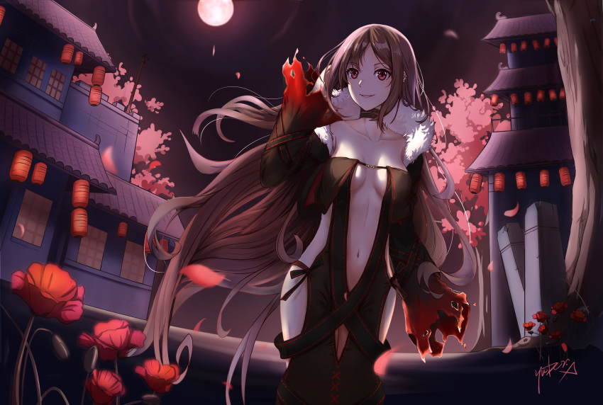 1girl absurdres belt_collar black_dress breasts breasts_apart brown_eyes brown_hair center_opening cherry_blossoms choker cleavage collar collarbone dress ear_piercing earrings fate/grand_order fate_(series) flower_request from_below full_moon fur_trim hand_in_hair highres jewelry lantern long_hair looking_at_viewer medium_breasts moon multiple_earrings navel piercing revealing_clothes ribbed_dress ribbon-trimmed_dress smile strapless strapless_dress thighs tile_roof torn_clothes torn_sleeves very_long_hair yu_mei-ren_(fate) yuber.x