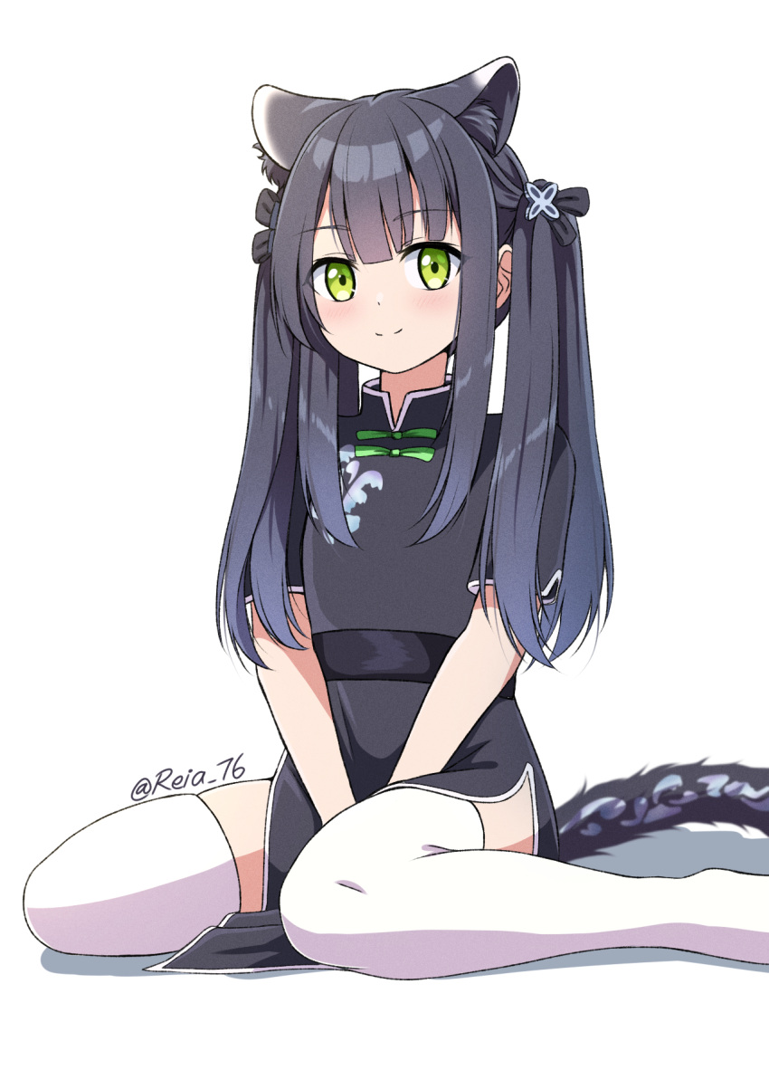 1girl animal_ear_fluff animal_ears artist_name bangs black_dress black_hair blue_archive blunt_bangs china_dress chinese_clothes dress green_eyes highres long_hair reia_76 short_sleeves shun_(blue_archive) sitting smile solo thighhighs tiger_ears twintails white_legwear