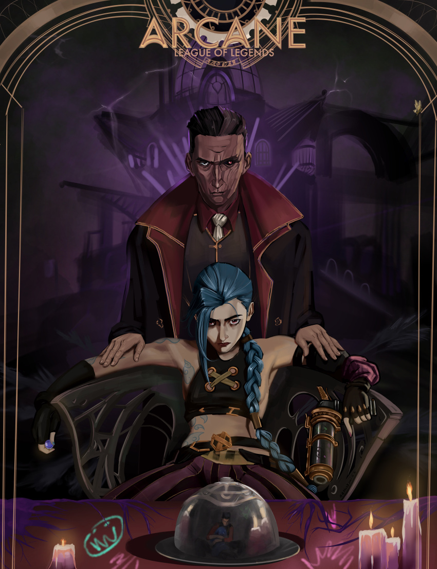 1boy 1girl absurdres arcane:_league_of_legends bangs bare_shoulders belt black_headwear black_jacket black_pants black_sclera braid breasts candle chair chuanshuo_zhong_de_wu_jiu closed_mouth cloud_tattoo colored_sclera copyright_name crop_top father_and_daughter fingerless_gloves gloves green_hair gun highres holding holding_gun holding_weapon hug jacket jinx_(league_of_legends) league_of_legends long_hair looking_at_viewer open_clothes open_jacket pants pink_pants powder_(arcane) red_jacket red_lips reflection shiny shiny_hair short_hair shoulder_tattoo silco_(arcane) single_braid sitting small_breasts smile striped striped_pants tattoo weapon