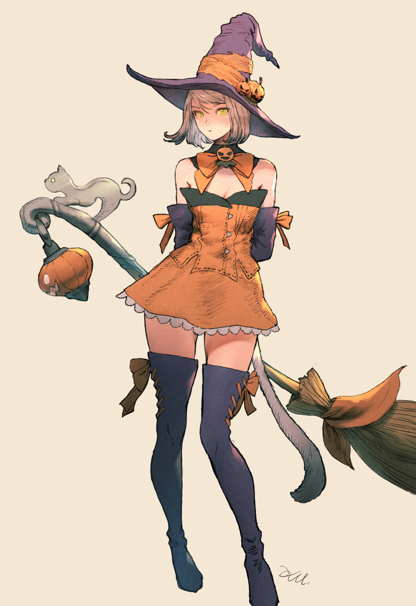 1girl absurdres arms_behind_back bangs bare_shoulders beige_background bob_cut boots bow bowtie broom brown_hair cat cat_tail detached_sleeves final_fantasy final_fantasy_xiv full_body green_eyes hat hat_ornament highres jack-o'-lantern kuroimori lantern looking_at_viewer miniskirt miqo'te orange_bow orange_bowtie orange_ribbon orange_skirt pumpkin_hat_ornament purple_footwear purple_headwear purple_sleeves ribbon ribbon-trimmed_legwear ribbon_trim skirt skirt_set solo standing statue strapless swept_bangs tail thigh_boots thighhighs witch_hat