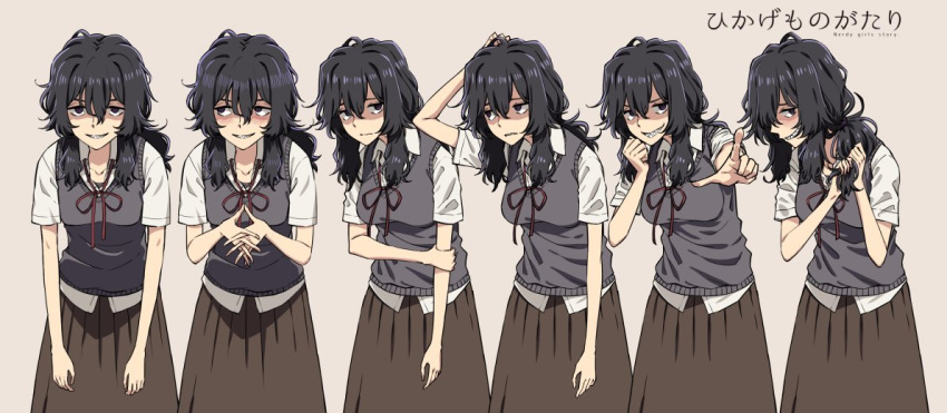 1girl beige_background black_hair breasts character_sheet commentary concept_art expressions fingers_together hair_over_eyes hunched_over igarashi_kasumi_(nerdy_girl's_story) long_skirt looking_at_viewer medium_breasts medium_hair messy_hair mojo neck_ribbon nerdy_girl's_story own_hands_together red_neckwear ribbon scratching_head sharp_teeth shirt_tucked_in skirt smile solo standing steepled_fingers teeth tented_shirt urin vest