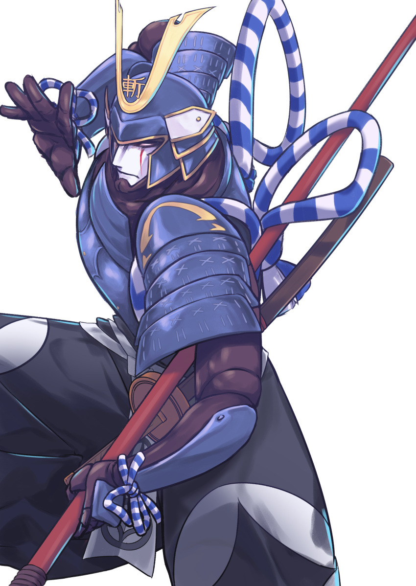 1other absurdres armor blue_armor daisi_gi fate/grand_order fate_(series) grey_pants hakama hakama_pants helmet highres japanese_armor japanese_clothes kote no_humans pants polearm robot rope shoulder_armor sode solo spear translated weapon zanzaburou_(fate)