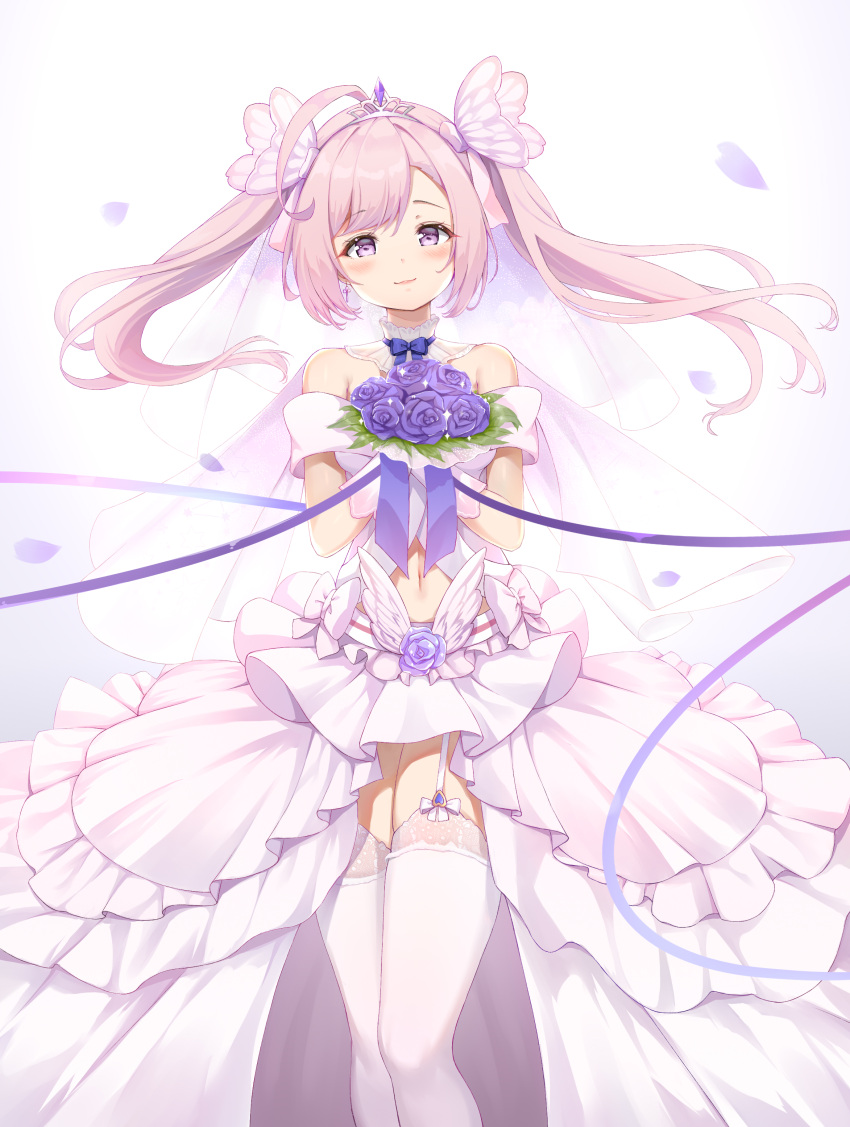 1girl :3 absurdres ahoge azur_lane bangs bare_shoulders blue_ribbon blush bouquet breasts bride butterfly_hair_ornament chinese_commentary choker closed_mouth commentary_request cowboy_shot dress eyebrows_visible_through_hair floating_hair garter_straps gloves hair_between_eyes hair_ornament head_tilt highres holding holding_bouquet kanon_12361024 long_hair looking_at_viewer navel pink_hair purple_eyes ribbon ribbon_choker saratoga_(azur_lane) sidelocks simple_background skindentation small_breasts smile solo standing strapless strapless_dress thighhighs tiara twintails wedding_dress white_background white_dress white_gloves white_legwear