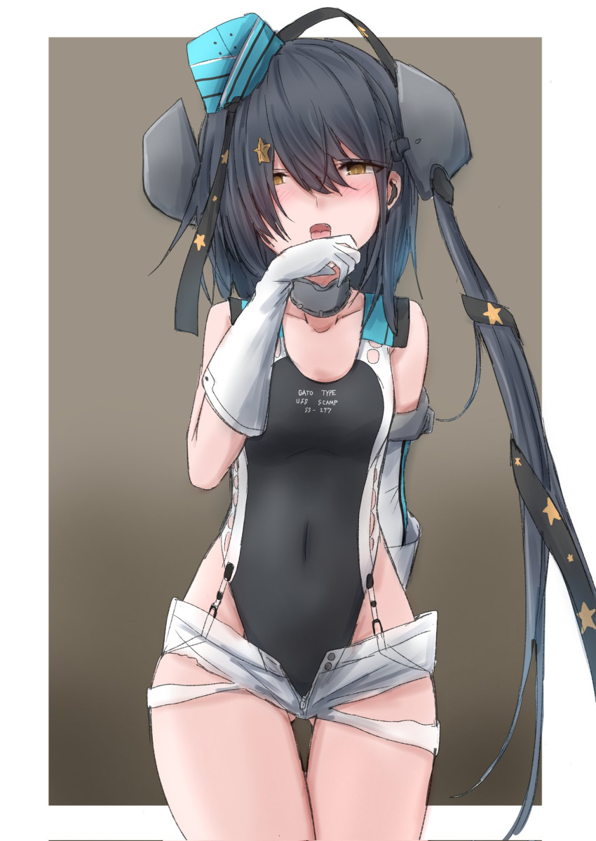 1girl aqua_headwear ass_visible_through_thighs black_ribbon black_swimsuit border brown_background competition_swimsuit garrison_cap gloves grey_eyes grey_hair hair_ornament hair_ribbon hat highleg highleg_swimsuit highres kamaboko_senshi kantai_collection licking long_hair looking_at_viewer one-piece_swimsuit ribbon scamp_(kancolle) short_shorts shorts side_ponytail solo star_(symbol) star_hair_ornament strap swimsuit thigh_gap white_border white_gloves white_shorts