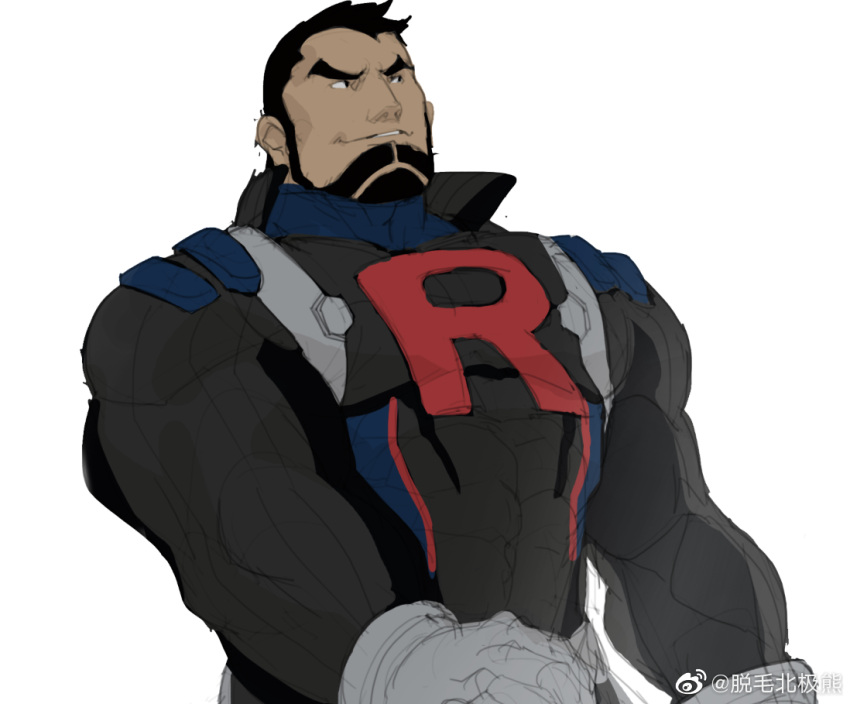 1boy alternate_facial_hair bara beard black_bodysuit black_hair bodysuit cliff_(pokemon) covered_abs facial_hair large_pectorals male_focus mature_male muscular muscular_male no_headwear pectorals pokemon pokemon_(game) pokemon_go rollingstonex6 short_hair skin_tight smirk solo team_go_rocket thick_eyebrows unfinished upper_body white_background