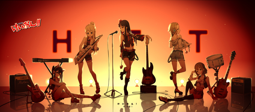 5girls akiyama_mio amplifier animal_ear_headphones arm_support ass backlighting bare_shoulders bass_guitar black_hair blonde_hair blue_eyes blush boots bow brown_hair charm_(object) contrapposto copyright_name denim denim_shorts detached_sleeves drum drum_set elbow_gloves electric_guitar from_behind gloves gradient gradient_background guitar hair_bow headphones highres hirasawa_yui instrument k-on! keytar kneehighs kotobuki_tsumugi looking_at_viewer looking_back looking_to_the_side midriff multiple_girls nakano_azusa navel plaid plaid_skirt red_eyes reflection shoes short_hair shorts skirt smile sneakers standing standing_on_one_leg swimsuit tainaka_ritsu thighhighs thighs wide_sleeves wire wujia_xiaozi
