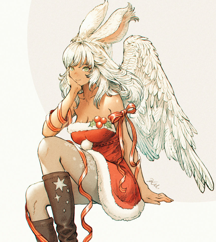 1girl animal_ears arm_at_side arm_ribbon arm_support avatar_(ffxiv) bare_shoulders black_footwear black_hair boots breasts christmas cleavage colored_tips dark-skinned_female dark_skin dress elbow_on_knee feathered_wings feet_out_of_frame final_fantasy final_fantasy_xiv fur-trimmed_dress fur_trim green_eyes grey_eyes grey_legwear hand_on_own_cheek hand_on_own_face head_rest highres invisible_chair jewelry knee_boots knee_up kuroimori large_breasts long_hair looking_at_viewer miqo'te pantyhose pom_pom_(clothes) print_legwear rabbit_ears rabbit_girl red_dress red_ribbon ribbon santa_dress short_dress simple_background sitting smile snowflake_print solo strapless strapless_dress viera white_hair white_wings wings