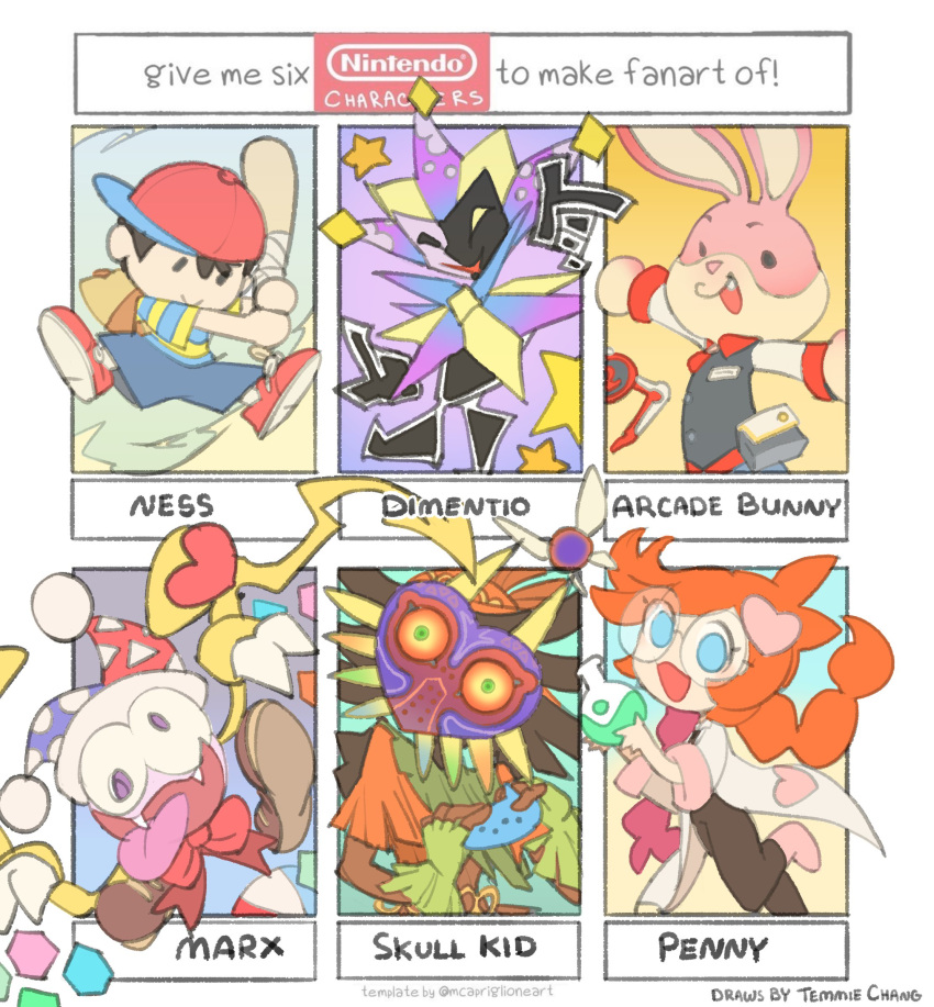 arcade_bunny backpack bag baseball_bat baseball_cap character_name company_connection dimentio fairy fangs glasses hat highres instrument jester jester_cap kirby_(series) kirby_super_star labcoat majora_(entity) mario_(series) marx mask mother_(game) mother_2 ness_(mother_2) nintendo nintendo_badge_arcade no_arms ocarina open_mouth orange_hair paper_mario penny_crygor purple_eyes shirt shorts six_fanarts_challenge skull_kid striped striped_shirt super_paper_mario tael temmie_chang the_legend_of_zelda the_legend_of_zelda:_majora's_mask tongue tongue_out warioware wings