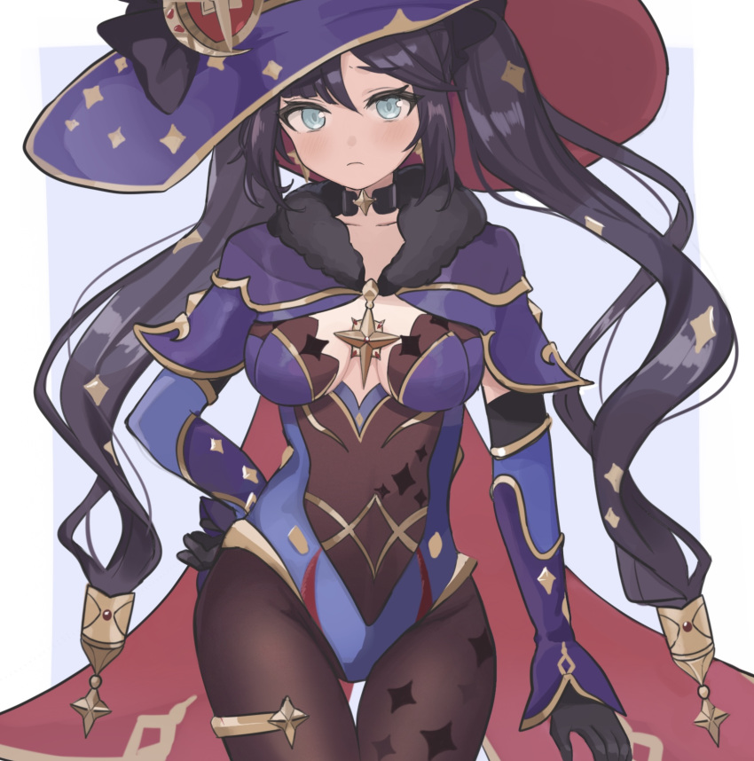 1girl black_gloves blue_eyes cape choker closed_mouth earrings etoria fur_trim genshin_impact gloves hair_ornament hand_on_hip hat highres jewelry looking_at_viewer mona_(genshin_impact) pantyhose purple_hair solo star_(symbol) star_choker star_earrings star_hair_ornament twintails witch_hat