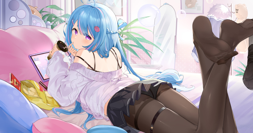 1girl absurdres ass bed bedroom black_legwear blue_hair bra braid character_request clothes_lift cup drink feet food garter_straps garters highres long_hair lying mirror on_stomach panties pantyhose pocky purple_eyes room shou_a skirt skirt_lift snack sweater tablet_pc underwear upskirt virtual_youtuber