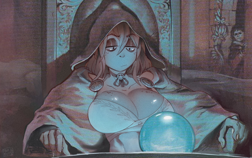 1boy 1girl :/ breasts choker cleavage closed_mouth commentary crystal_ball dress english_commentary forest_box freckles genderswap genderswap_(mtf) highres hood hood_up jitome large_breasts legendarium limited_palette long_sleeves meme neck_ribbon orb palantir peeking pondering_my_orb_(meme) ribbon sanpaku saruman signature sitting solo_focus throne wide_sleeves