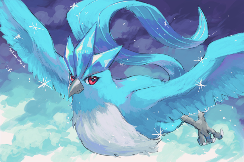 articuno artist_name bird claws closed_mouth commentary flying kira_(kira_dra) looking_at_viewer no_humans pokemon pokemon_(creature) red_eyes sky sparkle wings