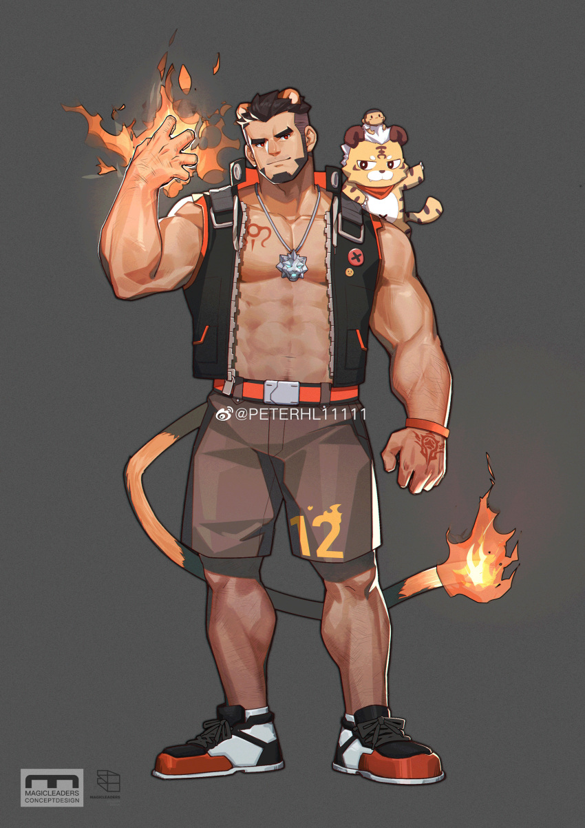 1boy abs absurdres alca animal_ears bara beard biceps black_hair black_jacket bulge chest_hair command_spell commission creature creature_on_shoulder facial_hair flaming_hand full_body grey_shorts gyee highres jacket large_pectorals leg_hair lion_boy lion_ears lion_tail looking_at_viewer male_focus mature_male muscular muscular_male navel navel_hair nipples on_shoulder open_clothes open_jacket orange_belt original pectoral_cleavage pectorals peterhl red_eyes shoes short_hair shorts sideburns sleeveless sleeveless_jacket sneakers solo stomach tail thick_eyebrows thick_thighs thighs
