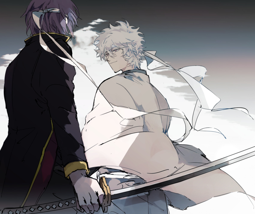 2boys 76piccolo coat from_behind gintama hachimaki headband highres holding holding_sword holding_weapon looking_at_another male_focus military military_uniform multiple_boys purple_hair sakata_gintoki smile sword takasugi_shinsuke uniform weapon white_hair wide_sleeves