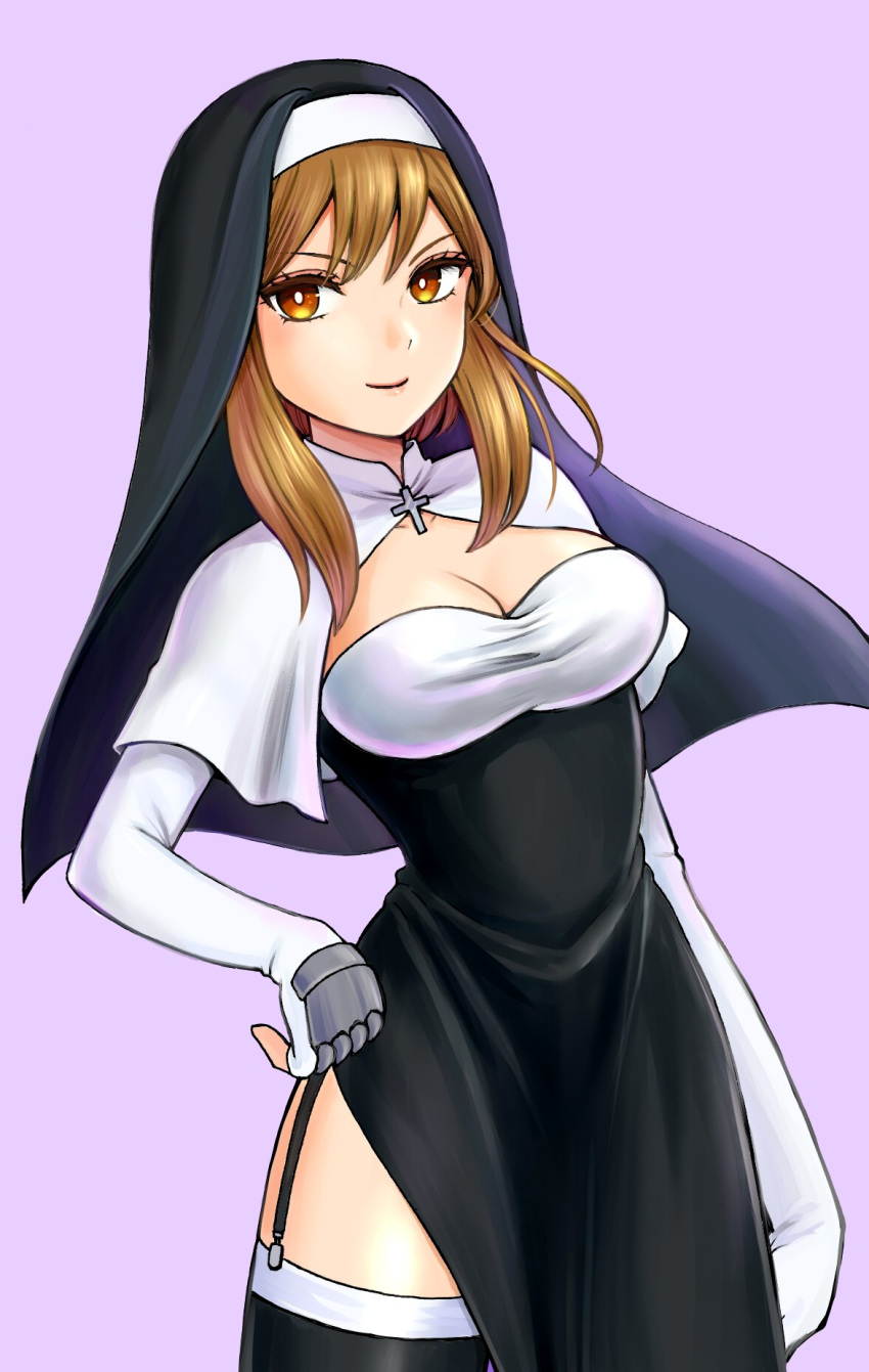 1girl black_dress black_legwear breasts brown_eyes brown_hair cleavage closed_mouth commentary_request cross dress garter_straps habit hand_on_hip highres jyan_borii kyuuketsuki_sugu_shinu lavender_background long_hair looking_at_viewer maria_(kyuuketsuki_sugu_shinu) medium_breasts nun smile solo standing thighhighs veil