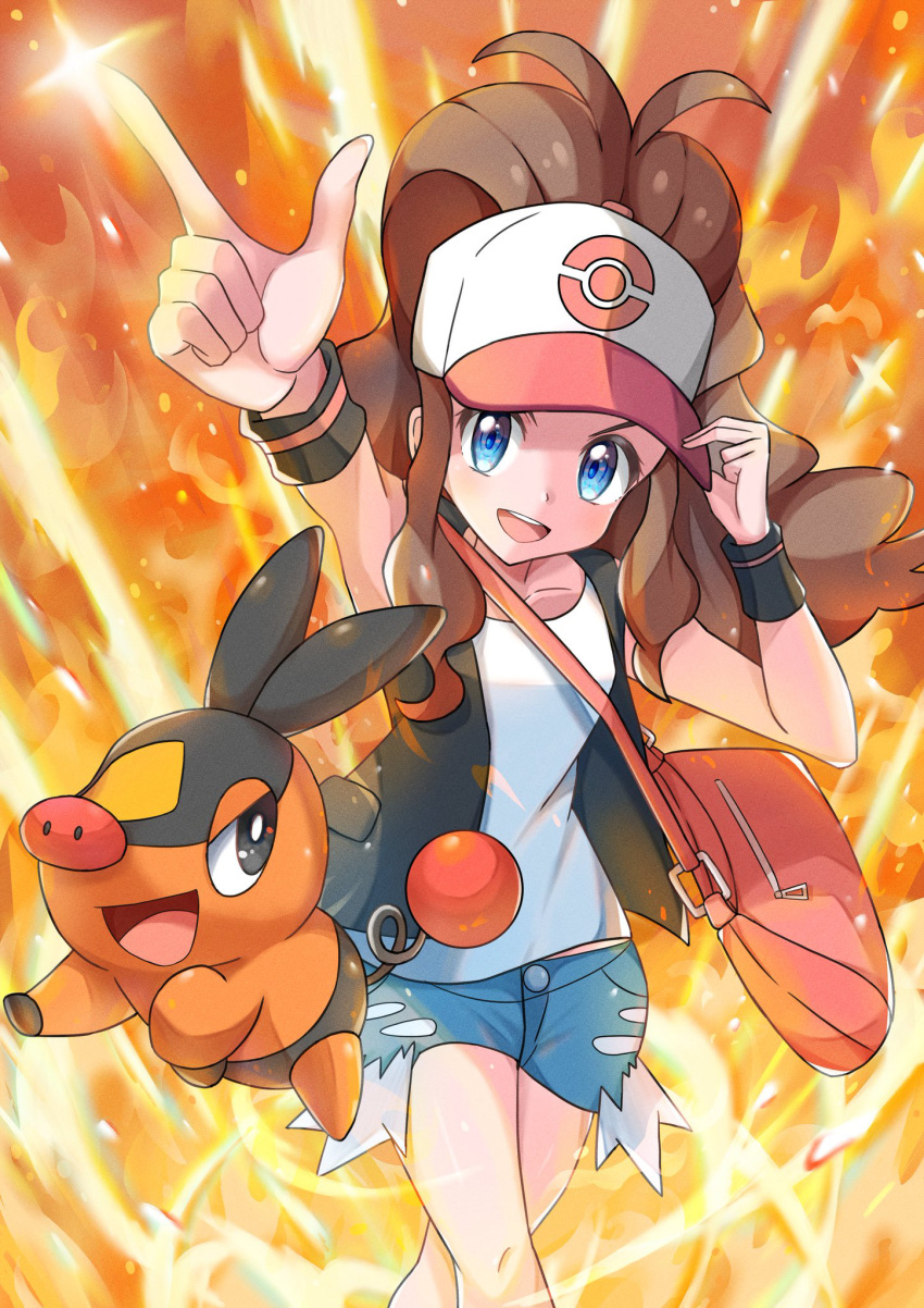 1girl :d adjusting_clothes adjusting_headwear arm_up bag baseball_cap black_eyes black_vest blue_eyes blue_shorts brown_hair cutoffs denim denim_shorts fire hand_up hat highres hilda_(pokemon) lex_suri12 long_hair open_mouth pointing poke_ball_print pokemon pokemon_(creature) pokemon_(game) pokemon_bw ponytail shirt short_shorts shorts shoulder_bag sidelocks sleeveless sleeveless_shirt smile teeth tepig upper_teeth vest white_headwear white_shirt wristband