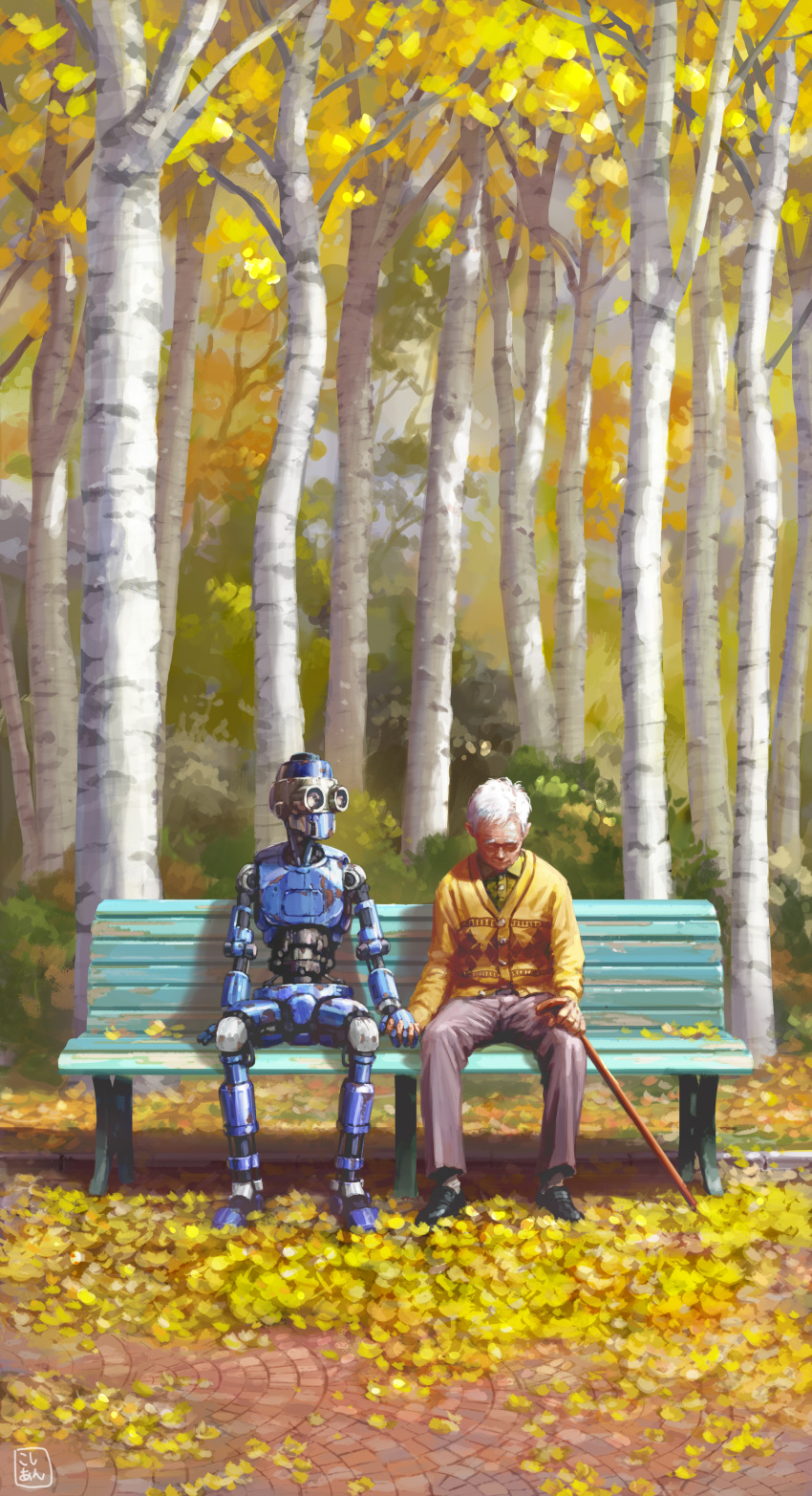 1boy absurdres autumn_leaves bench brick_road bush cane closed_eyes head_down highres holding holding_cane holding_hands interlocked_fingers kosian looking_down male_focus old old_man original pants robot science_fiction shoes signature sitting_on_bench sweater tree white_hair yellow_leaves