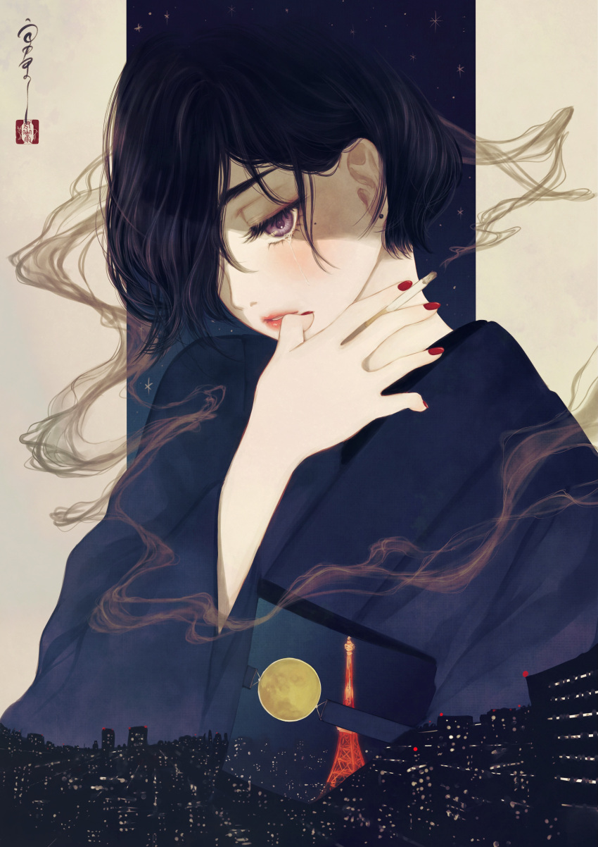 1girl absurdres black_hair blue_kimono cigarette city city_lights commentary earrings finger_to_mouth full_moon hair_over_one_eye half-closed_eyes highres holding holding_cigarette japanese_clothes jewelry kimono long_sleeves looking_down medibang_paint_(medium) mole mole_under_eye moon nail_polish night one_eye_covered original outside_border parted_lips purple_eyes red_nails seal_impression short_hair signature sky skyline smoke smoking solo star_(sky) starry_background starry_sky surreal tears tokyo_(city) tokyo_tower upper_body ushiyama_ame