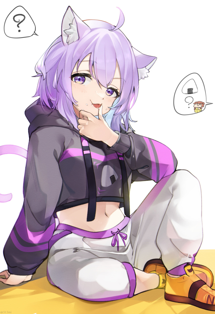 1girl ? absurdres ahoge animal_ear_fluff animal_ears bangs black_hoodie blue_hair blush cat_ears cat_girl cat_tail colored_inner_hair commentary_request cropped_hoodie eyebrows_visible_through_hair food food_on_face hat highres hololive hood hood_down hoodie inugami_korone licking licking_finger long_sleeves looking_at_viewer midriff mimizuku_(mmiganaru) multicolored_hair navel nekomata_okayu onigiri_print pants purple_eyes purple_hair shoes solo spoken_character spoken_food spoken_question_mark tail tongue tongue_out virtual_youtuber white_background white_pants witch_hat yellow_footwear