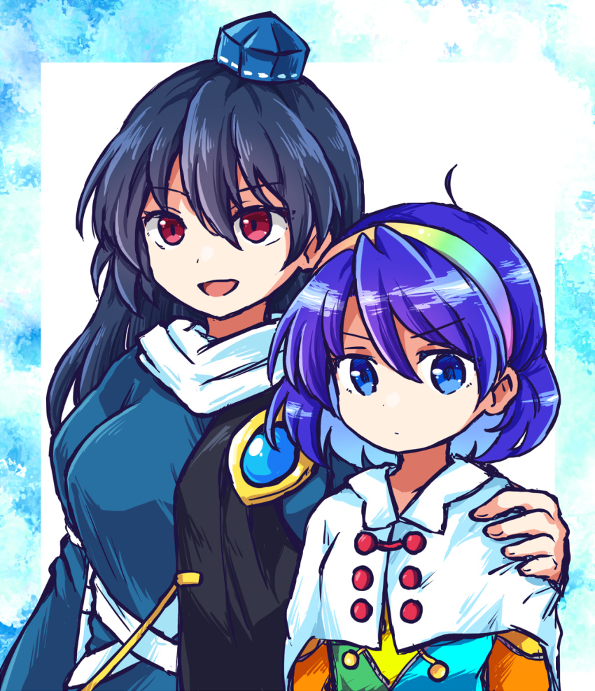 2girls :d ahoge aqua_dress arm_up bangs black_hair blue_background blue_dress blue_eyes blue_hairband blue_headwear blue_sleeves breast_envy breasts buttons cloak closed_mouth collar dot_mouth dress eyebrows_visible_through_hair gem gradient green_dress green_hairband hair_between_eyes hairband hand_on_another's_shoulder hand_up hat highres iizunamaru_megumu jewelry long_hair long_sleeves looking_away looking_to_the_side medium_breasts multicolored_clothes multicolored_dress multicolored_hairband multiple_girls open_mouth orange_dress orange_hairband orange_sleeves pink_hairband pote_(ptkan) purple_hair purple_hairband rainbow_gradient red_eyes short_hair smile tenkyuu_chimata tokin_hat touhou unconnected_marketeers upper_body white_background white_cloak yellow_dress yellow_hairband yellow_sleeves