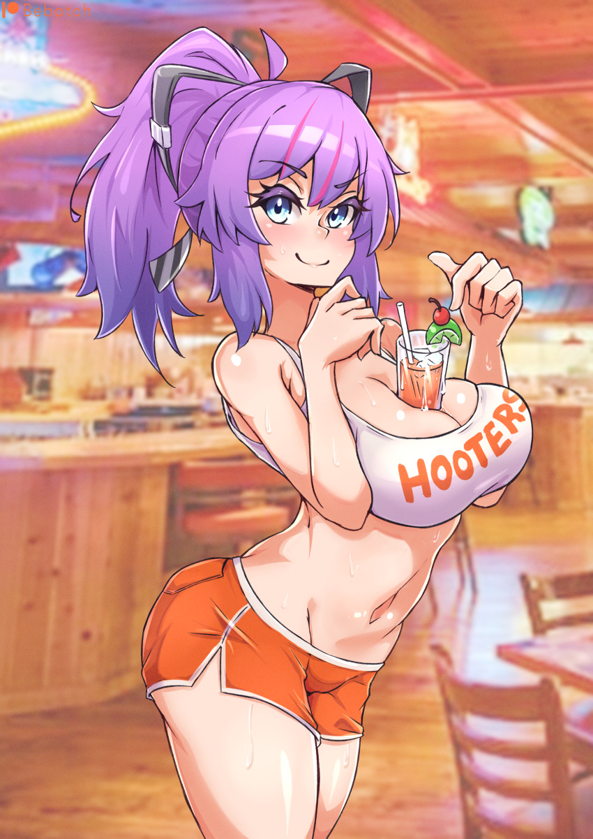 1girl alcohol bare_shoulders bebatch between_breasts blue_eyes breasts cleavage clothes_writing crop_top drink drinking_straw eyebrows_visible_through_hair highres hooters ice indoors large_breasts looking_at_viewer melody_(projektmelody) multicolored_hair navel no_legwear object_on_breast orange_shorts ponytail projektmelody purple_hair shirt short_shorts shorts smile streaked_hair virtual_youtuber vshojo white_shirt