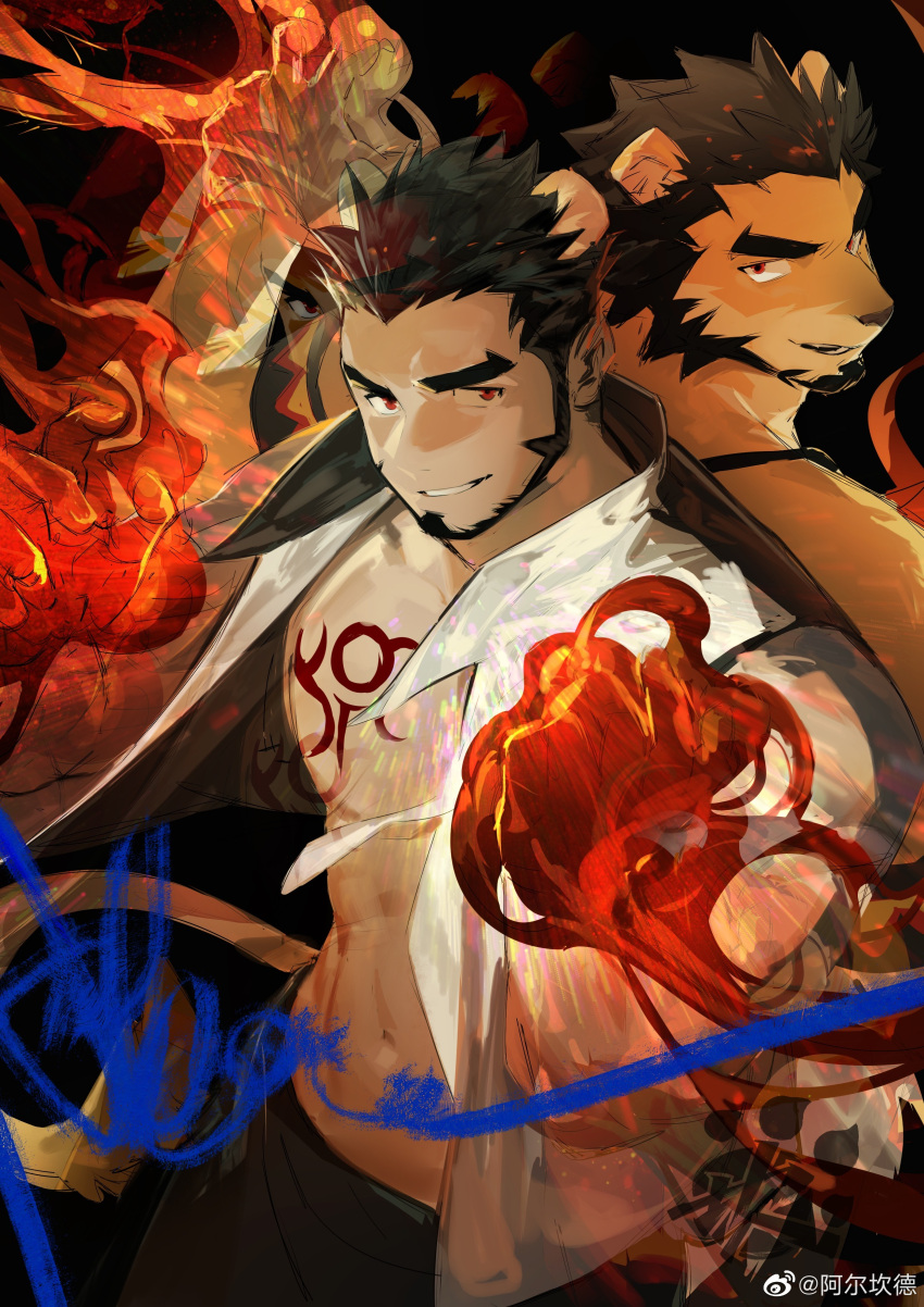 2boys abs absurdres alca animal_ears back-to-back bara bare_pectorals beard black_hair chest_tattoo chinese_text clenched_hands commission cowboy_shot dual_persona facial_hair fighting_stance flaming_hand furry furry_male gyee highres jacket lion_boy lion_ears lion_tail looking_at_viewer male_focus mature_male multiple_boys muscular muscular_male navel nipples open_clothes open_jacket original pectorals quirrel_(gharnedanshyo) red_eyes second-party_source short_hair sleeveless sleeveless_jacket smile stomach tail tattoo thick_eyebrows translation_request