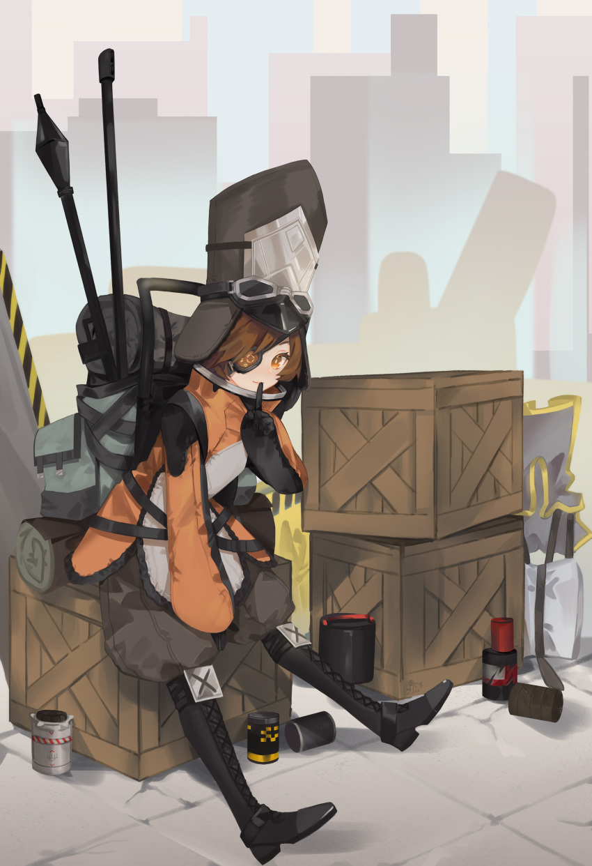 1girl absurdres backpack bag black_eyepatch black_footwear black_headwear boots box can english_commentary eyepatch goggles goggles_on_headwear grey_pants highres jacket leaning_forward mahou_arms one_eye_covered orange_jacket pants piro_(mahou_arms) puffy_pants smile solo xiaociiao