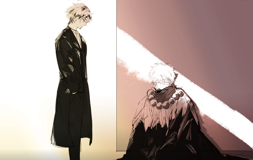 2boys 76piccolo cape closed_eyes coat corpse gintama gintama_movie_2:_yorozuya_yo_eien_nare highres hijikata_toushirou looking_at_another monochrome multiple_boys sakata_gintoki shading sitting smile standing talisman