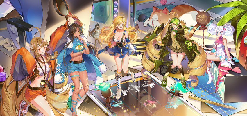 6+girls :d :o absurdly_long_hair ahoge arm_up bandage_on_face bandaged_neck bandages bangs belt black_belt black_footwear black_gloves black_hair black_legwear blonde_hair blouse blue_coat blue_eyes blue_footwear blue_shorts blue_skirt bow breasts brown_hair candy candy_hair_ornament cat character_request cleavage cleavage_cutout closed_mouth clothing_cutout coat commentary crop_top dark-skinned_female dark_skin dress drill_hair earrings english_commentary eyebrows_visible_through_hair figure_story fingerless_gloves food food-themed_hair_ornament fur_trim garter_straps gloves green-framed_eyewear green_bow green_footwear green_jacket green_skirt hair_ornament hair_ribbon halter_dress halter_top halterneck hand_on_own_chin highres holding holding_candy holding_food holding_lollipop holding_magnifying_glass jacket jewelry joints kazue_(figure_story) large_breasts leg_up lollipop long_hair long_sleeves looking_ahead magnifying_glass midriff multiple_girls navel orange_eyes orange_gloves orange_jacket orange_sekaii orange_shorts out_of_frame parted_bangs promotional_art ribbon sarashi shorts sidelocks sitting skirt sleeveless smile standing twintails underboob very_long_hair white_blouse white_dress white_footwear white_gloves white_hair white_ribbon yellow_eyes yuki_(figure_story)