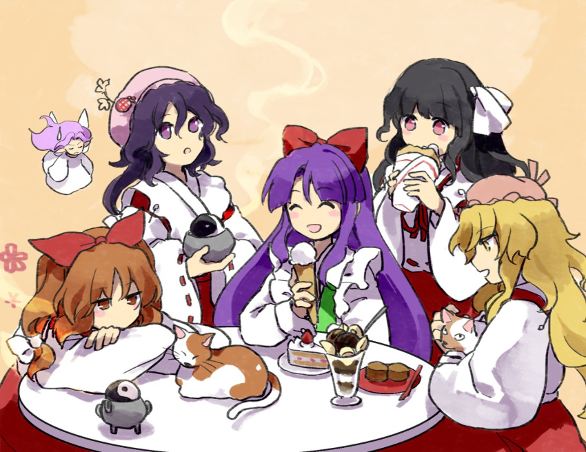 6+girls :o alternate_costume animal black_hair blonde_hair blonde_shrine_maiden_from_a_future_era_(touhou) bow cake cake_slice cat character_request closed_eyes crossed_arms detached_sleeves dress eating eyebrows_visible_through_hair fairy_wings food green_vest hair_bow hair_ribbon hakama hakama_skirt hakurei_reimu hakurei_reimu_(pc-98) highres holding holding_animal holding_cat hourai_girl_(touhou) ice_cream_cone japanese_clothes kaigen_1025 kimono long_hair long_sleeves medium_hair miko minigirl multiple_girls open_mouth orange_cat orange_eyes orange_hair orb pink_hair pink_headwear portrait_of_exotic_girls purple_eyes purple_hair red_eyes red_hakama red_neckwear red_ribbon red_skirt ribbon ribbon-trimmed_sleeves ribbon_trim side_ponytail sidelocks simple_background skirt sweatdrop table touhou touhou_(pc-98) very_long_hair vest wavy_hair white_bow white_cat white_dress white_kimono white_ribbon white_sleeves wide_sleeves wings yellow_background yellow_eyes yin_yang yin_yang_orb yin_yang_orb_(cat) yin_yang_orb_(fairy)